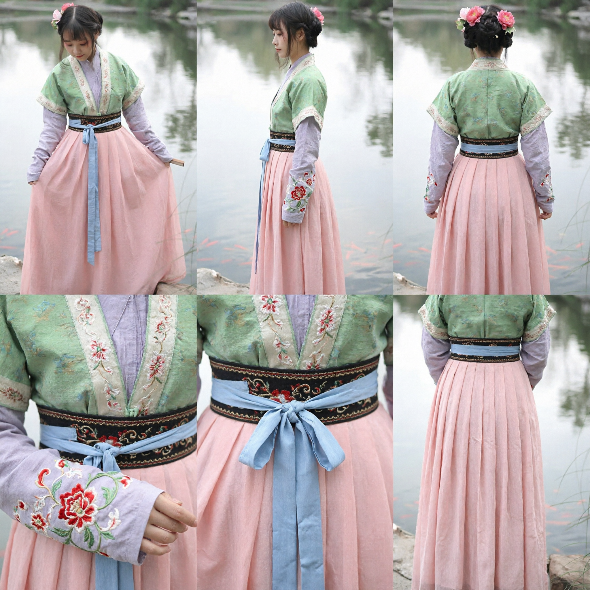 Traditionelles chinesisches Hanfu-Kleidungsset Antiker Ming-Dynastie-Stil Grünes Oberteil und Rosa Rock für Frauen - Asian Costume