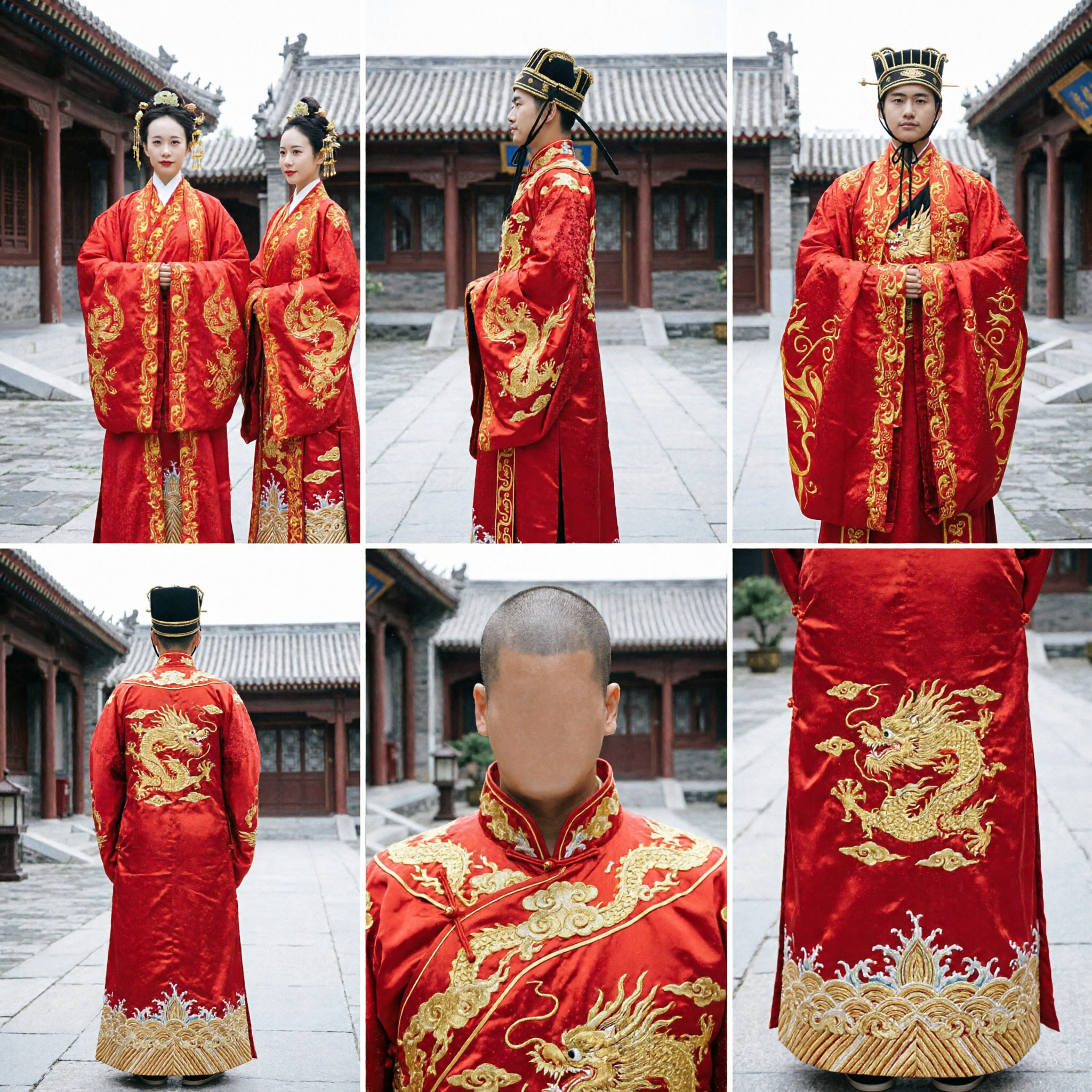 Ensemble de Mariage Ancien Hanfu Chinois pour Couple - Costume Traditionnel Rouge et Or Brodé pour Mariée et Marié - Asian Costume