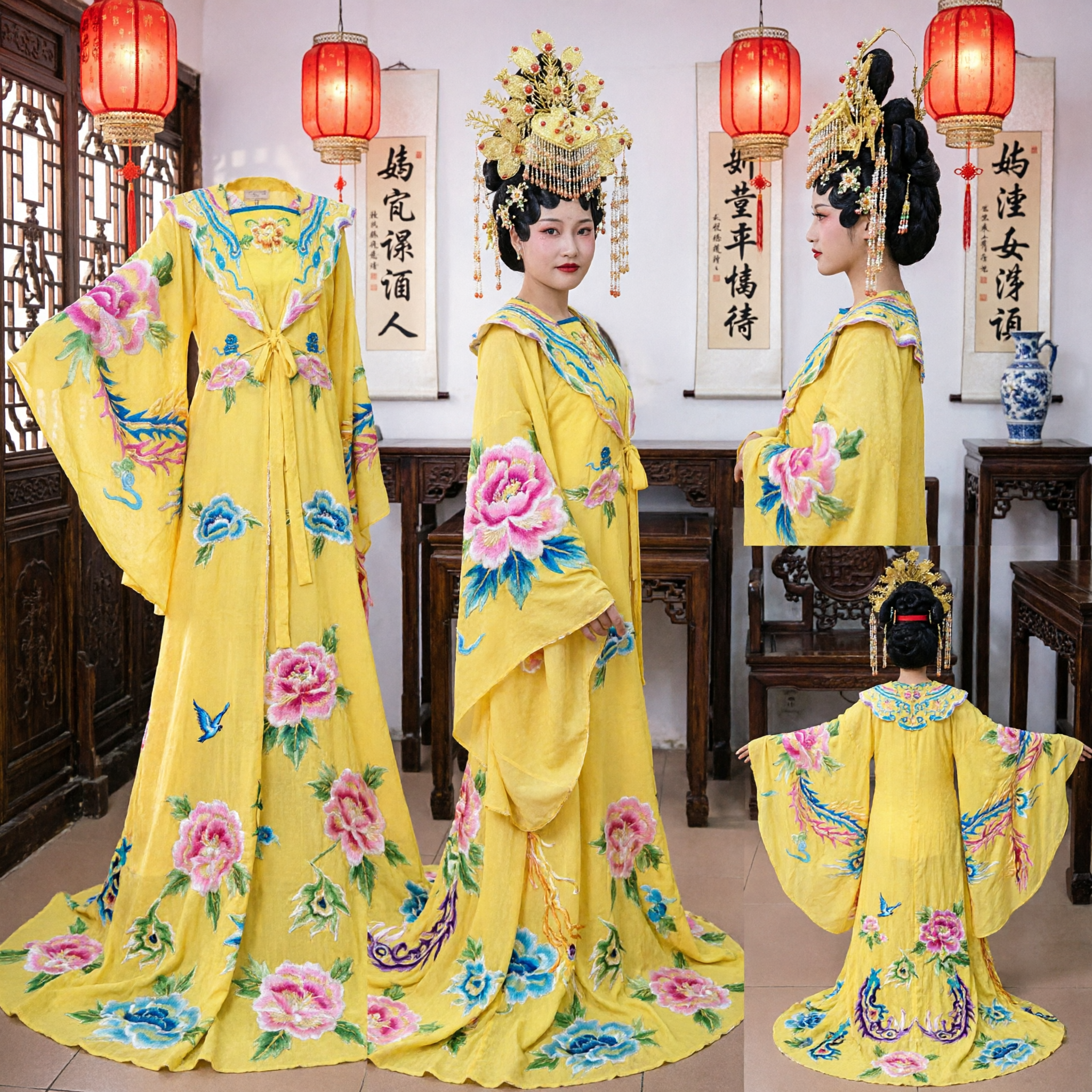 伝統的中国京劇黄色刺繍ローブと鳳凰かんざしセット 女性用舞台公演衣装 - Asian Costume