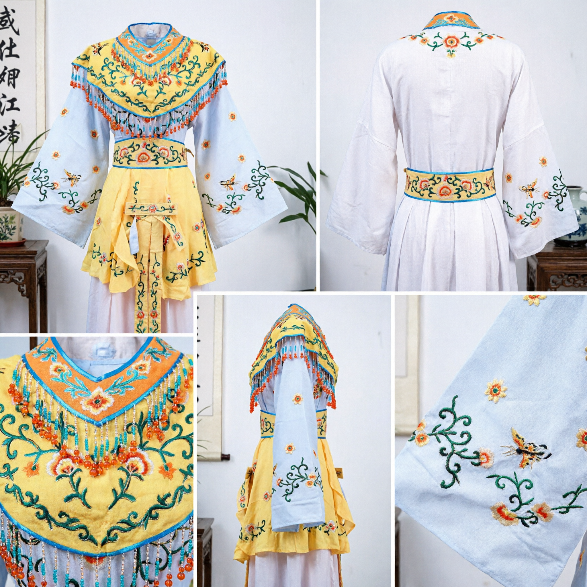 伝統的中国京劇衣装 黄色刺繍マント白袖 古代女性舞台公演衣装 - Asian Costume