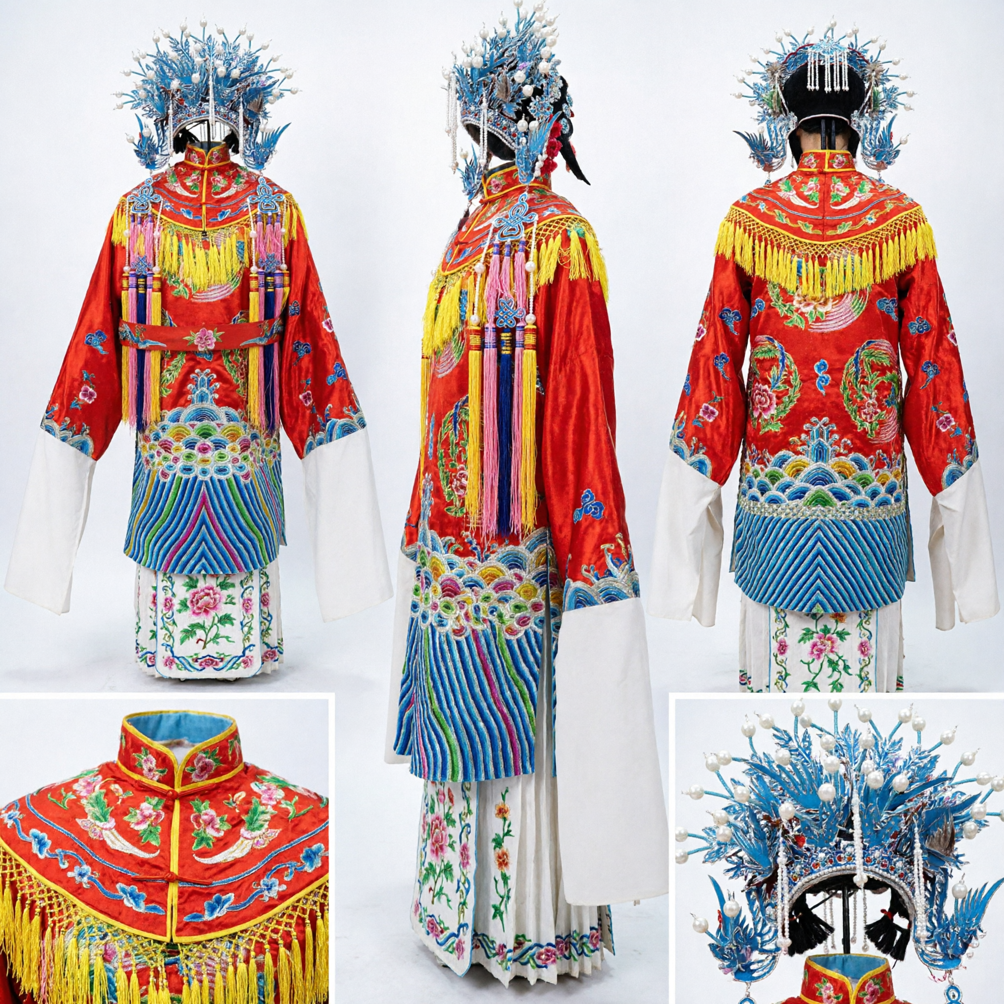 Traditionelles chinesisches Peking-Oper Weiblicher General Kostüm Rot Bestickter Robe mit Blauem Phönix-Kopfschmuck für Bühnenauftritt - Asian Costume