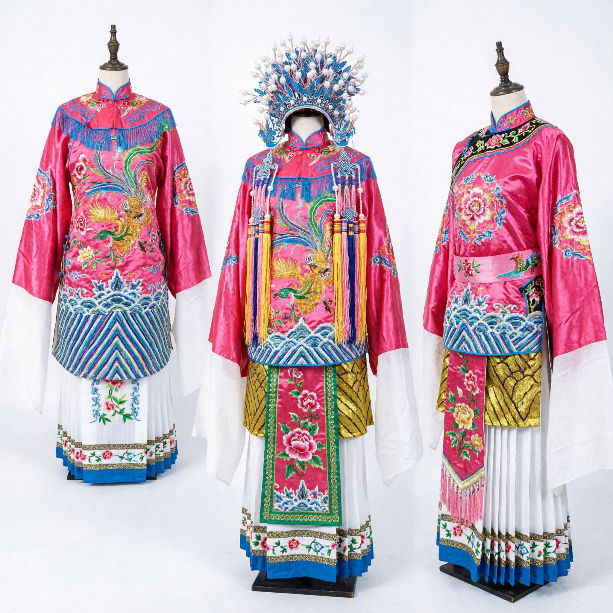 Conjunto Tradicional de Ópera de Pequim Chinês Robe Rosa Bordado com Fênix e Tiara para Performance Feminina - Asian Costume