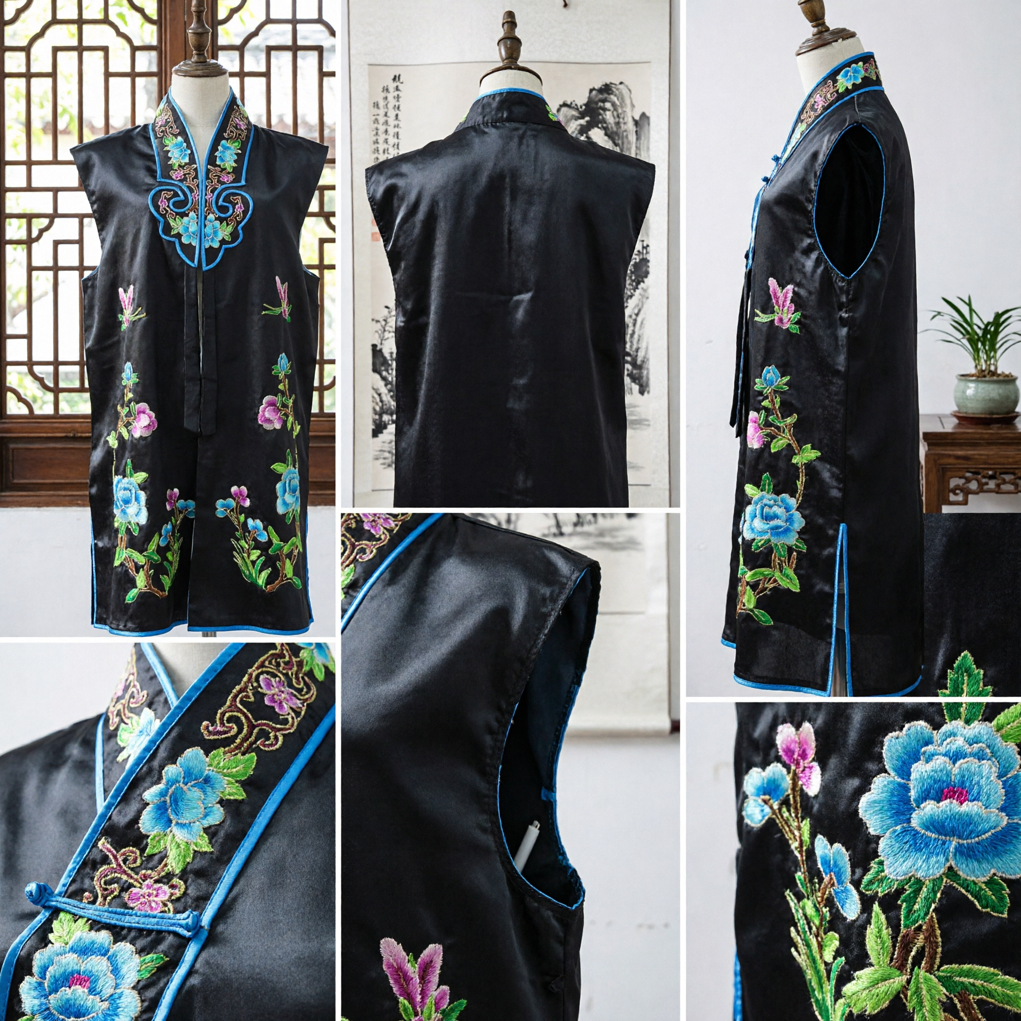 Vrouwen traditioneel Chinese zwarte zijden vest bloemenborduurwerk Tang pak mandarijnkraag gilet voor evenementen - Asian Costume