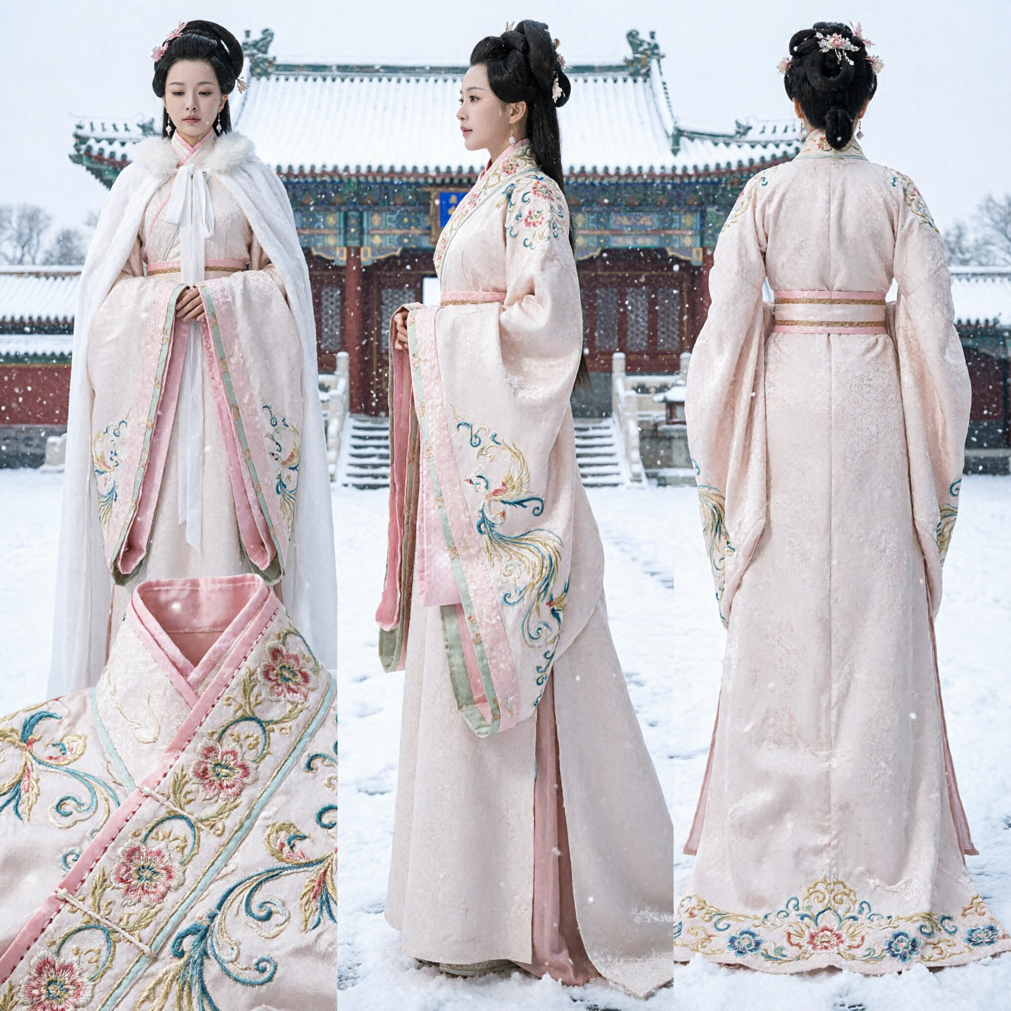 Ancient Chinese Traditional Hanfu Costume Women White Winter Cloak with Fur Trim Pink Dress Cosplay Outfit - Asian Costume