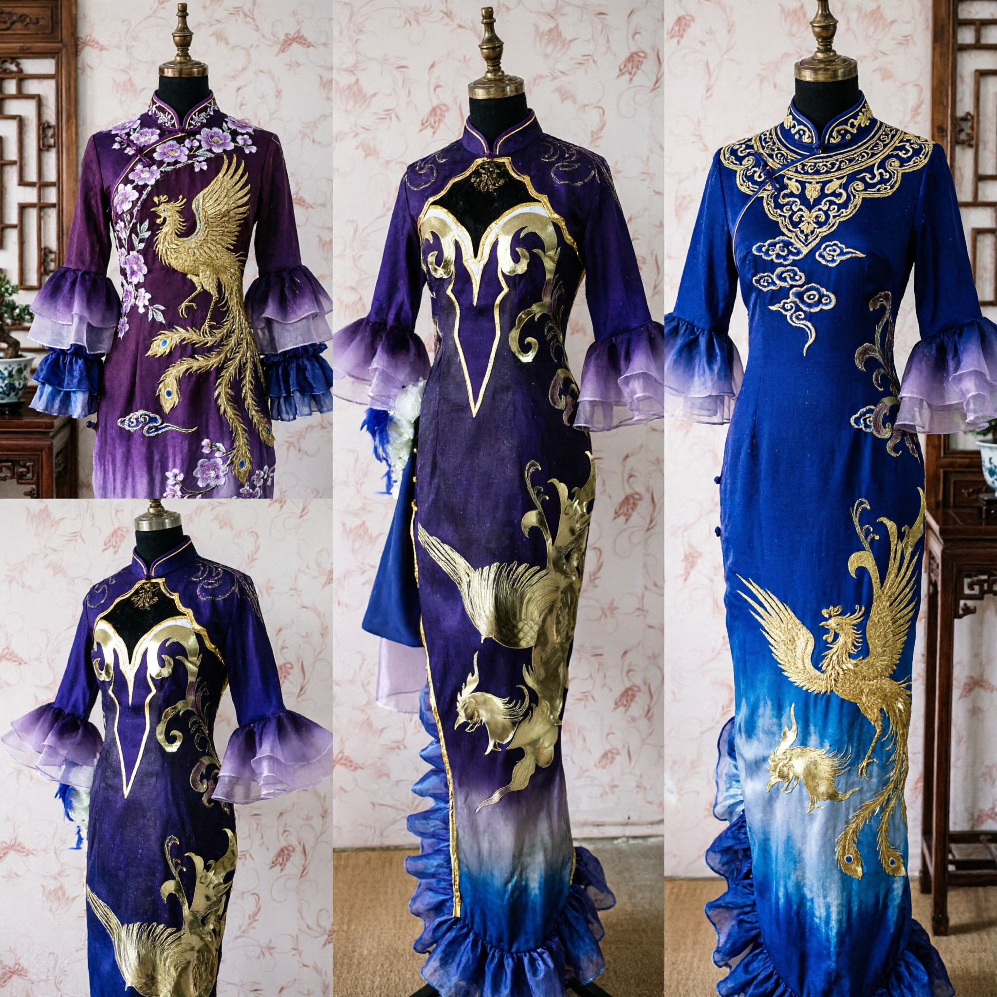 Purple Dragon Phoenix Chinese Cheongsam Dress Traditional Gradient Qipao Costume for Women Stage Performance - Asian Costume