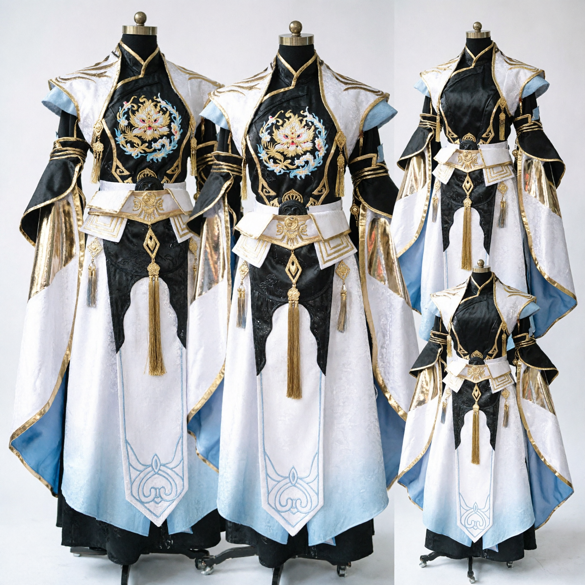 Costume de sabreur Wuxia chinois ancien pour hommes Robe fantastique noire et blanche avec garniture dorée pour cosplay - Asian Costume