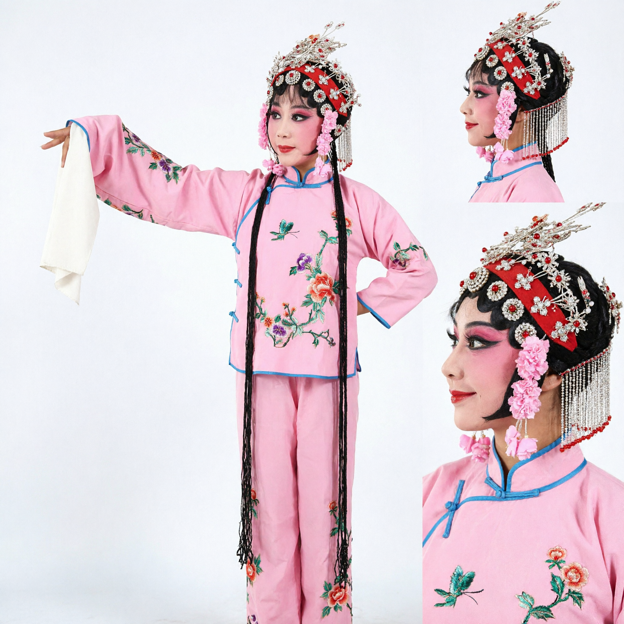 伝統的ピンク中国劇衣装 刺繍花柄上着・パンツセット 女性用舞台演劇 - Asian Costume