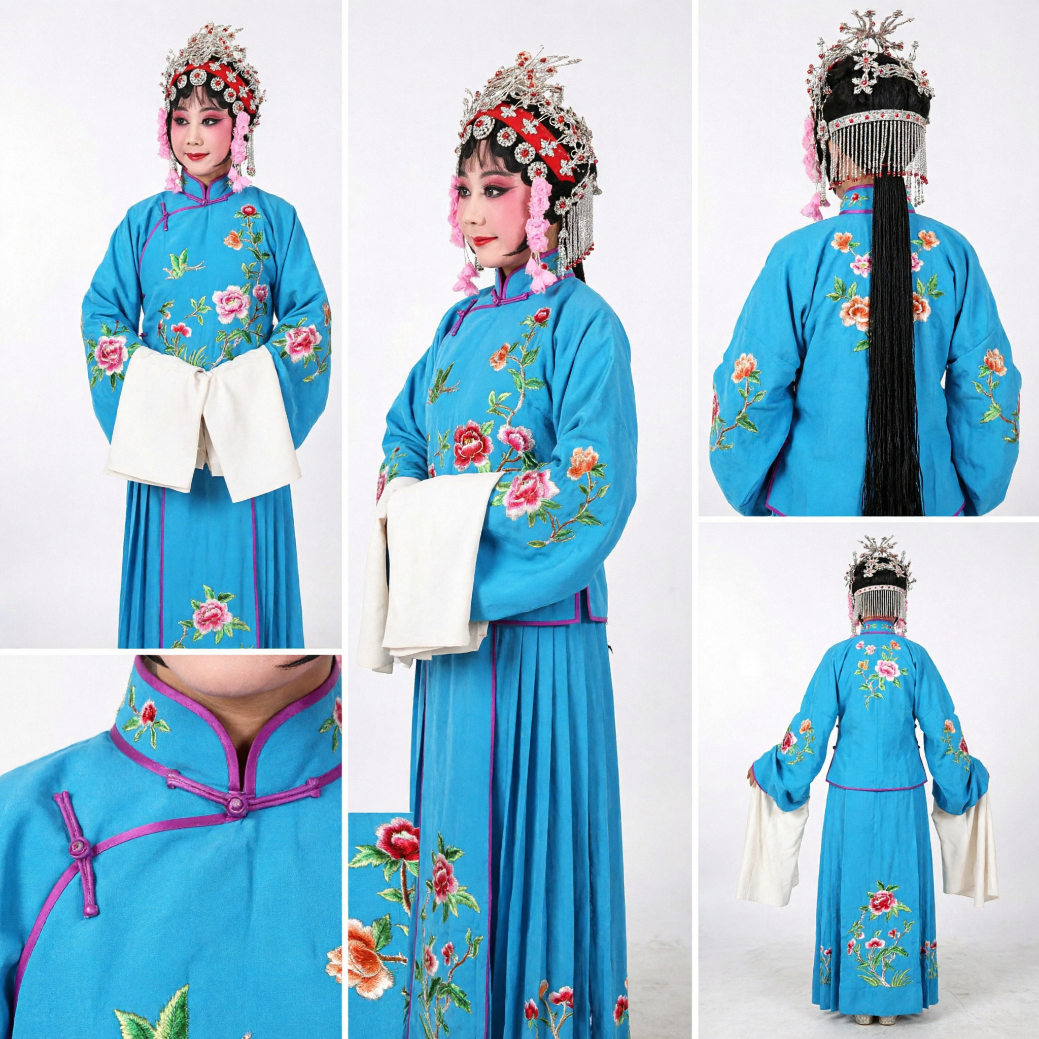 Tradycyjny kostium z chińskiej opery pekińskiej, niebieska haftowana suknia dla kobiecej roli Dan, kompletny strój sceniczny - Asian Costume
