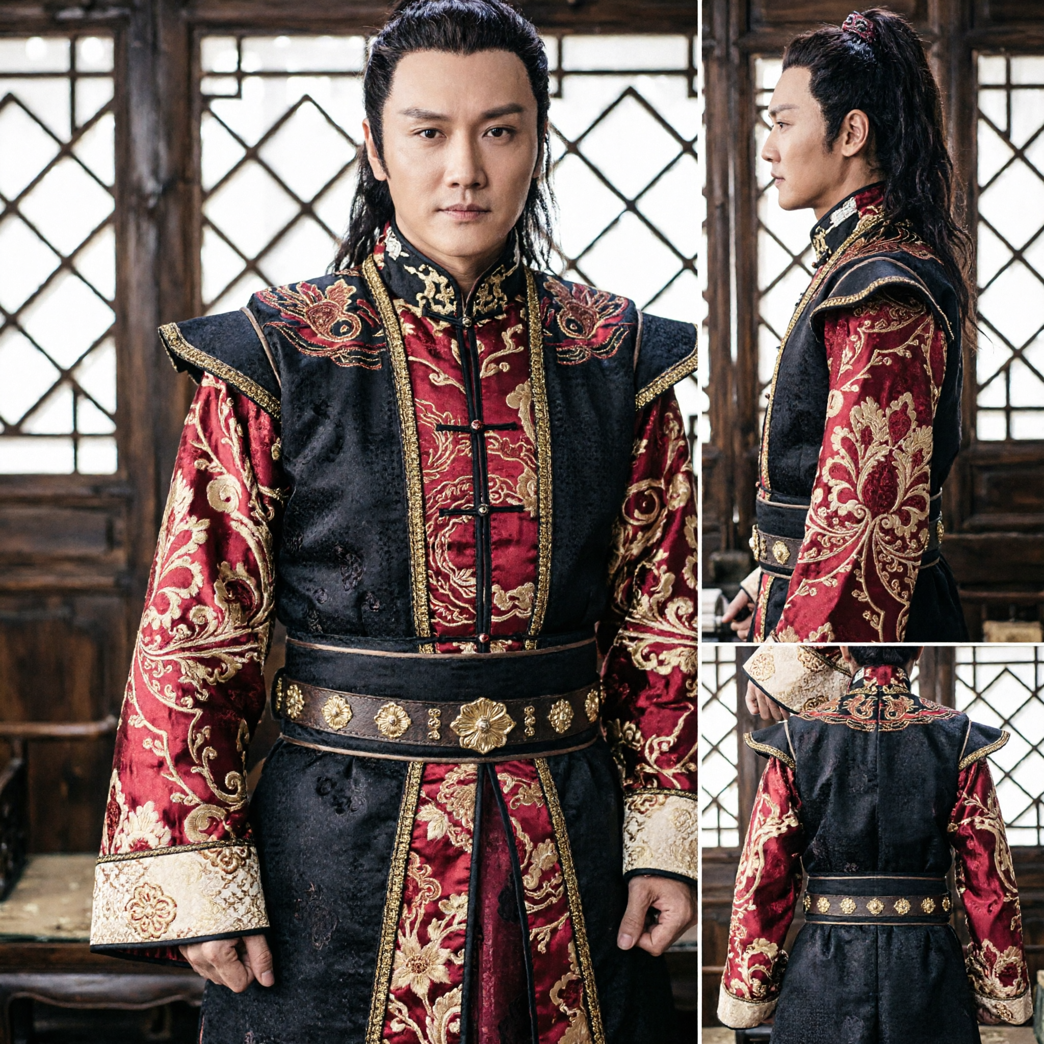 Antikes Chinesisches Prinzen-Hanfu-Kostüm Rot Schwarz Gold Stickerei Gewand für Cosplay und Historische Dramen - Asian Costume