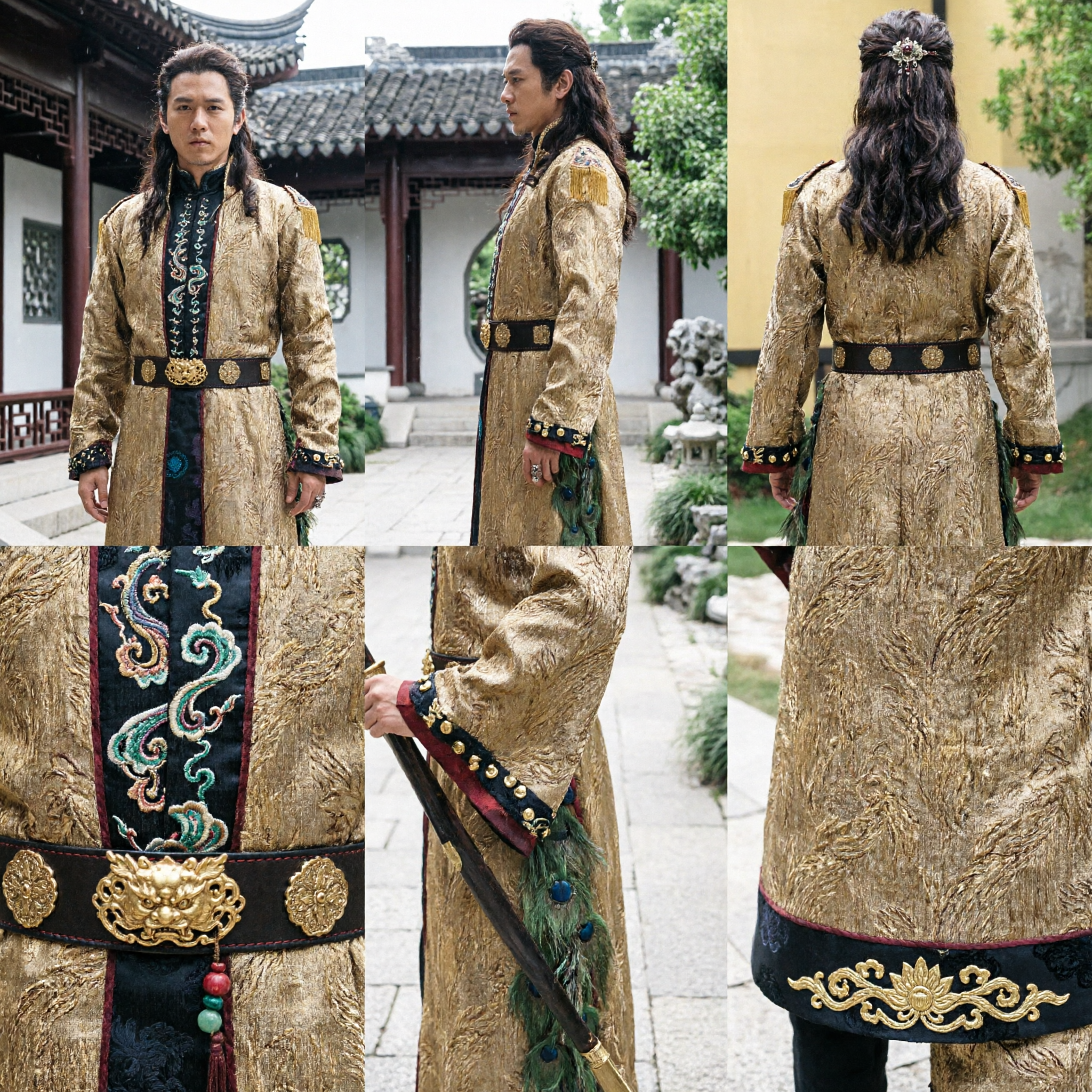 رداء الجنرال الصيني القديم للرجال من الديباج الذهبي لزي محارب الووشيا للأداء - Asian Costume