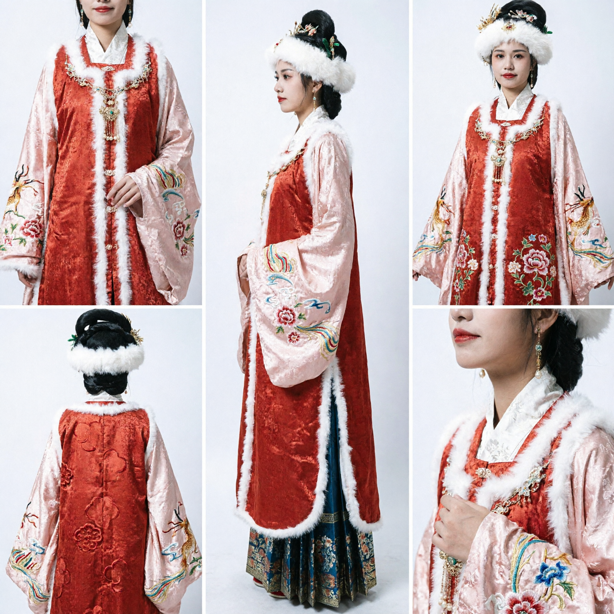 Robe Hanfu rouge traditionnelle chinoise de la dynastie Ming avec bordure en fourrure blanche, costume ancien pour femme - Asian Costume