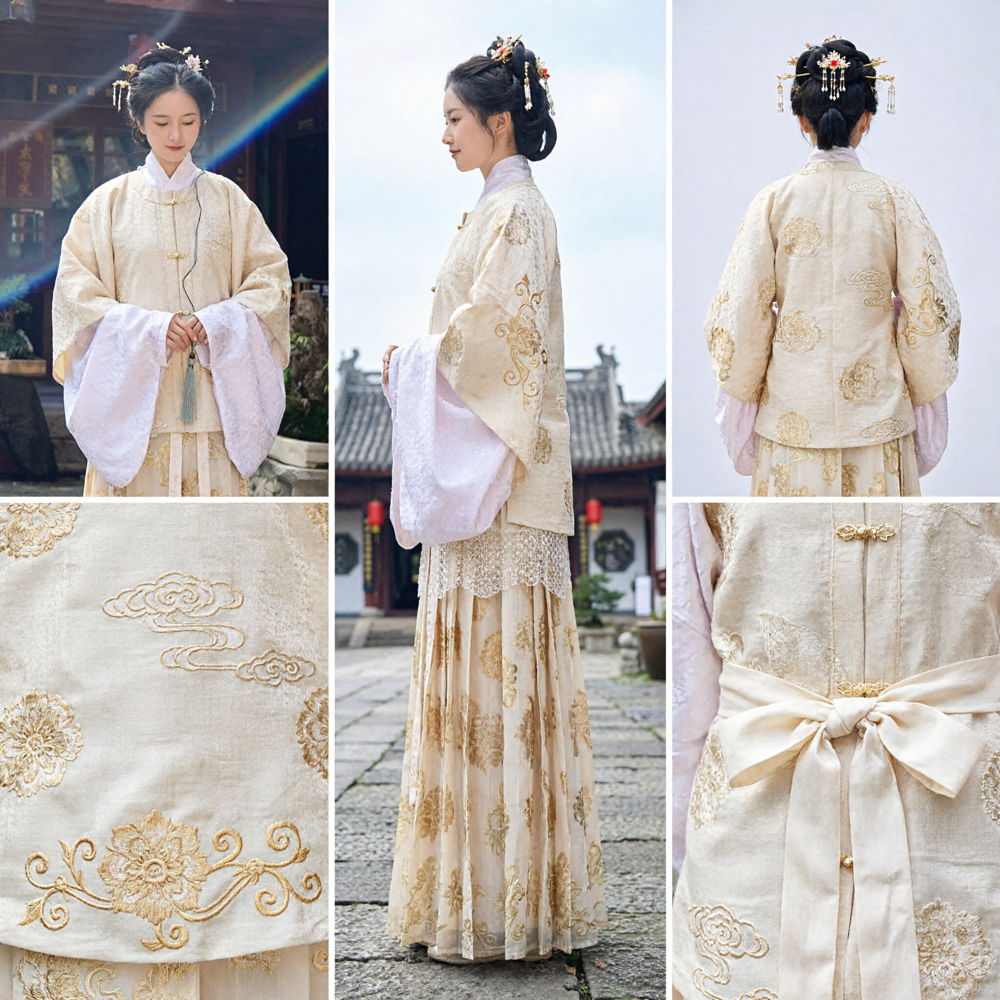 Set Hanfu Cinese Tradizionale Elegante per Donna Gonna e Top in Broccato Crema Costume Classico per Fotografia - Asian Costume