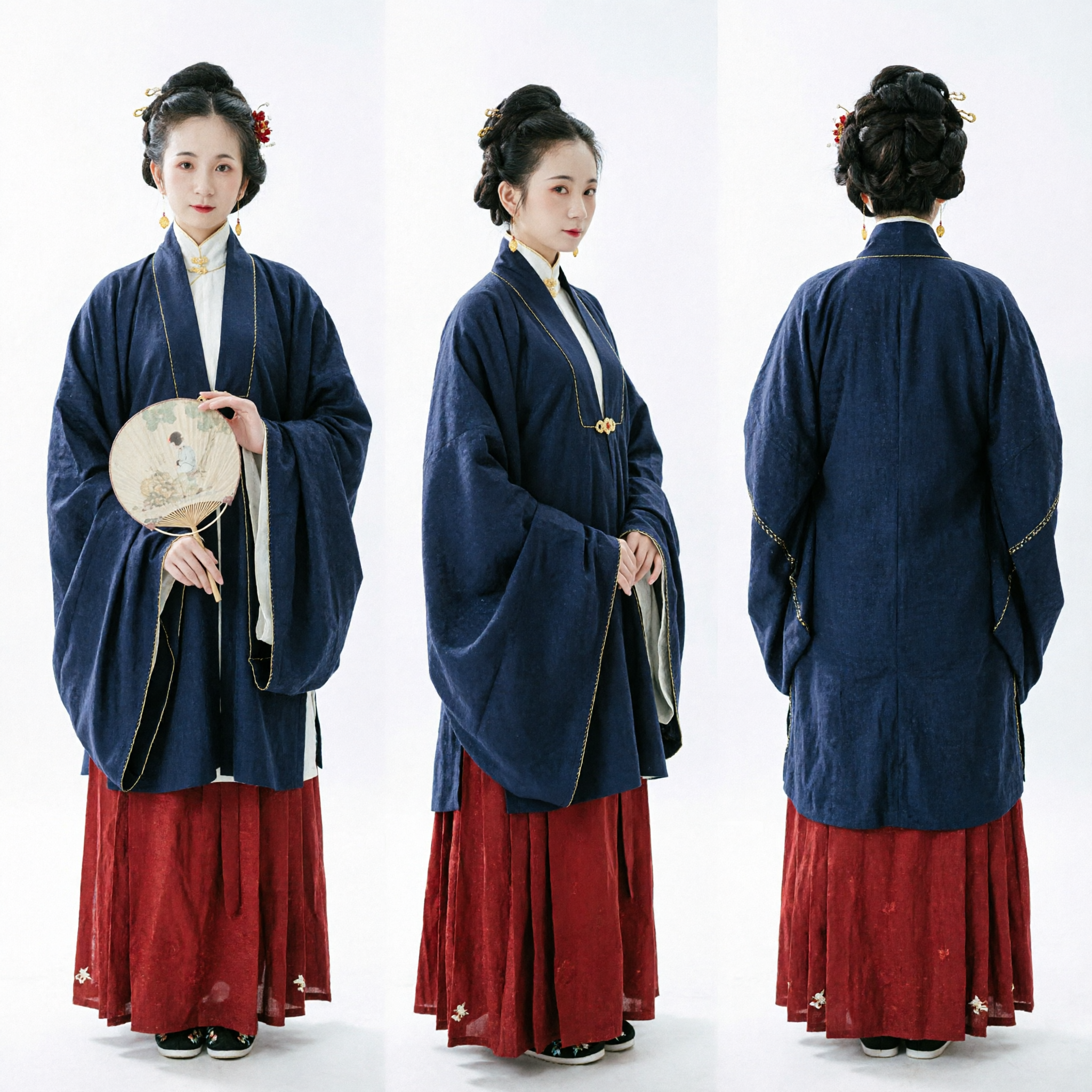 Hanfu traditionnel chinois style dynastie Ming, ensemble longue veste bleu foncé et jupe plissée rouge pour femme - Asian Costume
