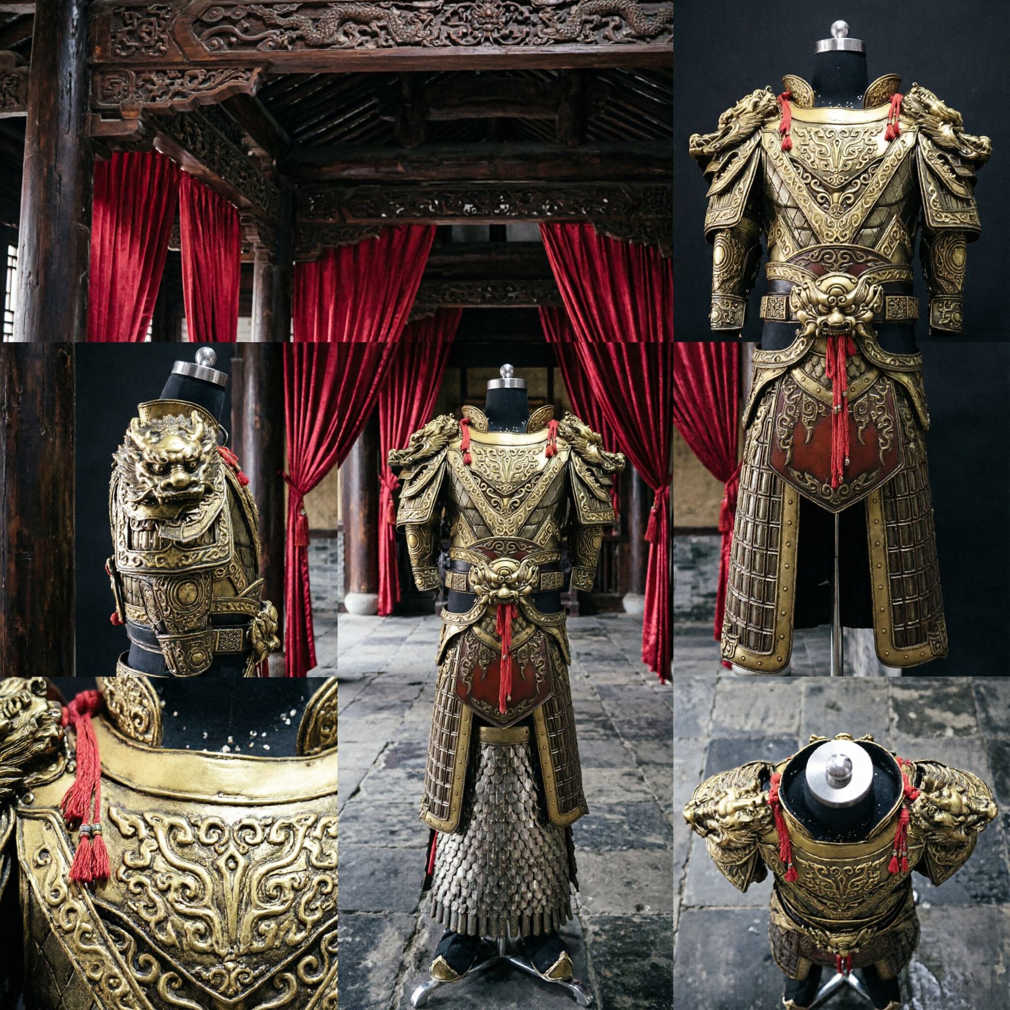 古代中国将軍金龍鎧装束 伝統的戦士衣装 男性コスプレ舞台公演用 - Asian Costume