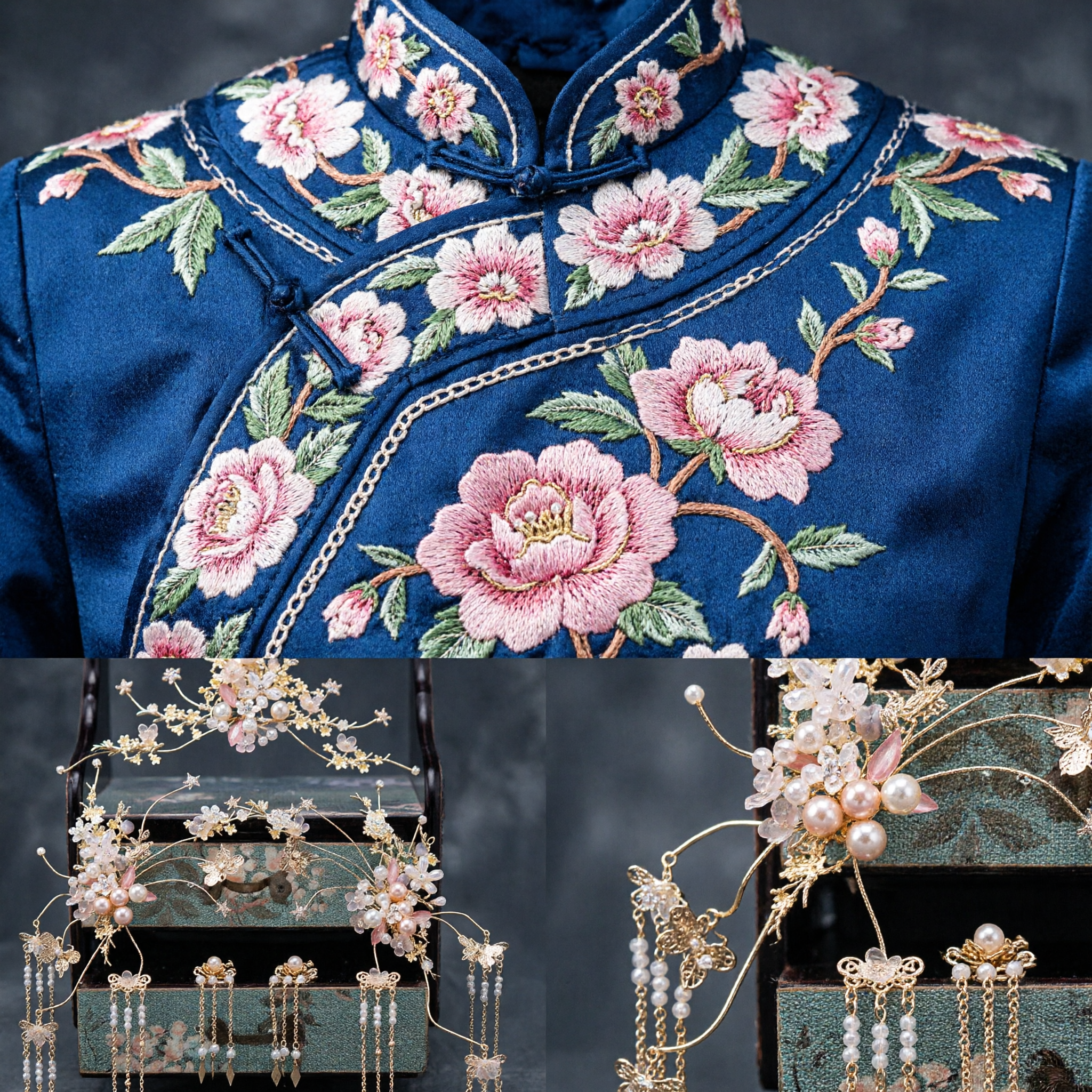 伝統的中国ハンフヘアアクセサリーセット 古代宮廷様式真珠花冠 花嫁房飾りかんざし ウェディング用 - Asian Costume