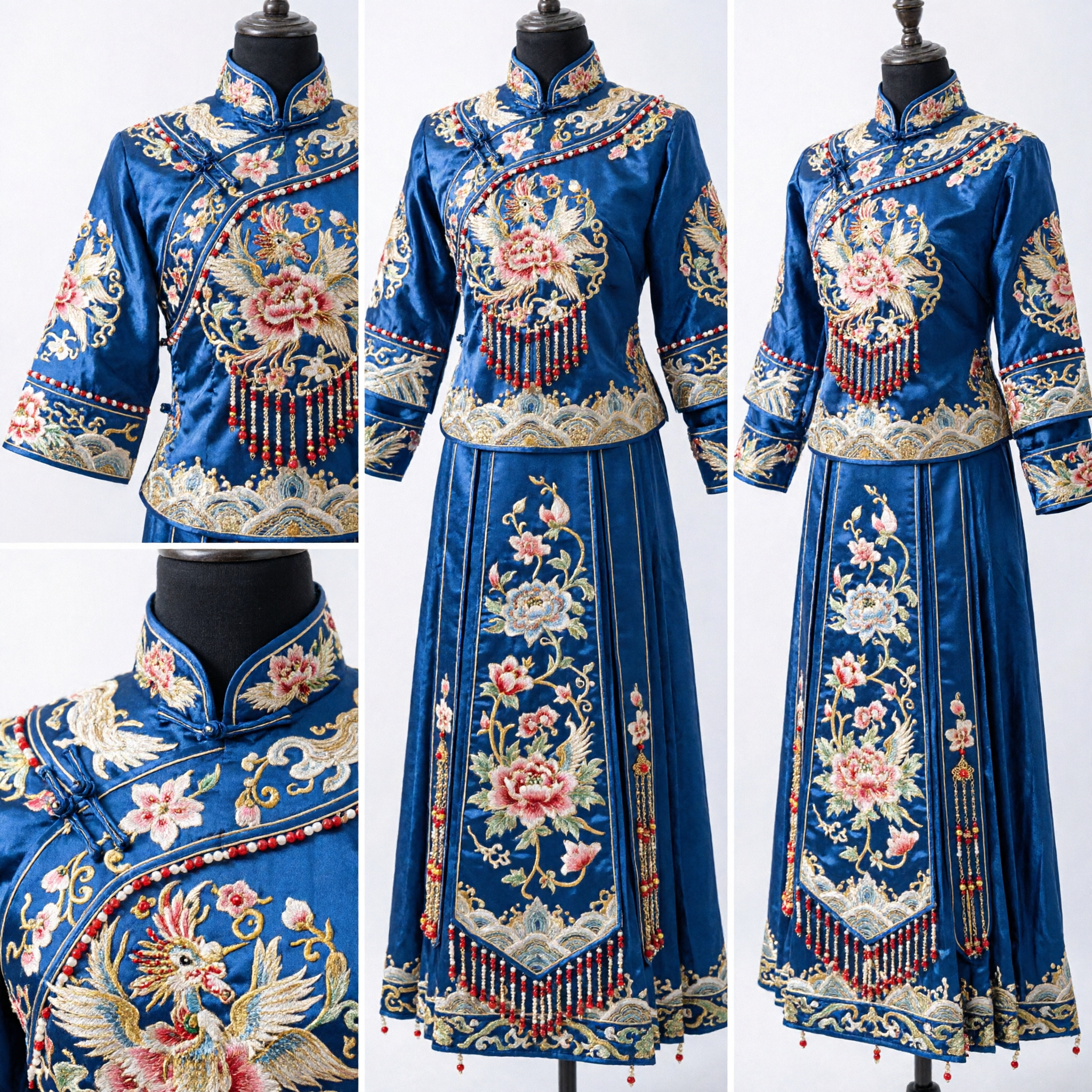 古代中国鳳凰冠ヘアアクセサリー ハンフ花嫁髪飾り 金細工赤ビーズ房飾りヘッドピース ウェディング用 - Asian Costume