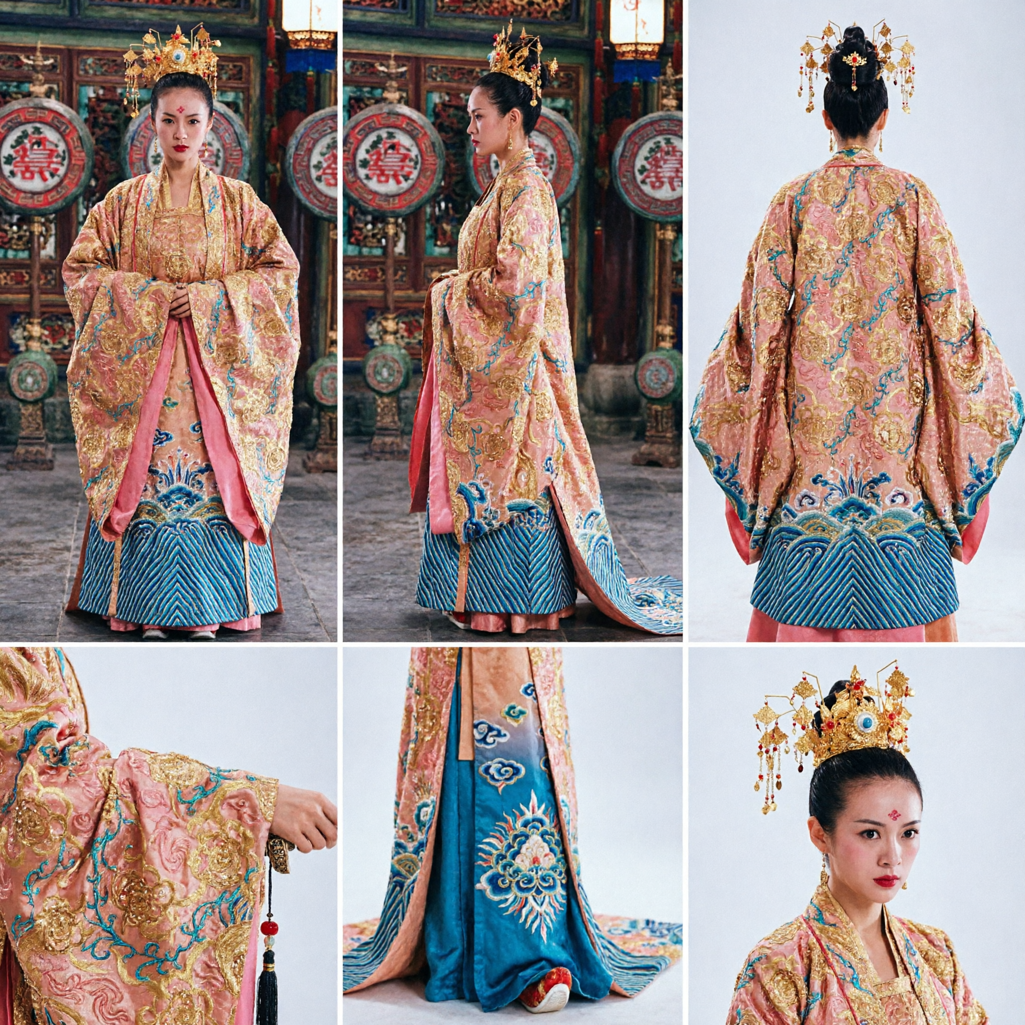 Traje de Imperatriz da Dinastia Tang Chinesa Antiga, Vestido Hanfu Rosa com Bordado Dourado e Touca para Mulheres - Asian Costume