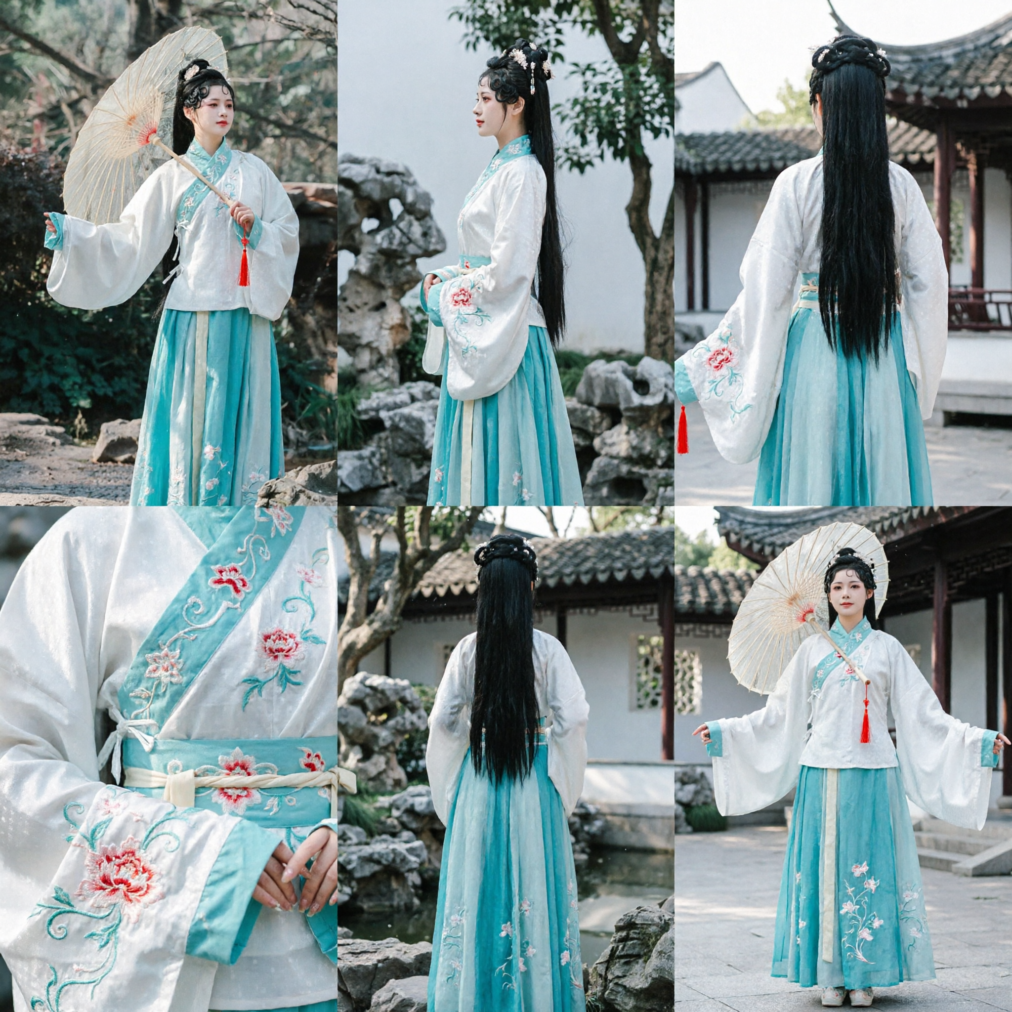 Traditionelles chinesisches Hanfu-Kostüm für Frauen antikes besticktes weißes Oberteil und blauer Rock-Set mit Sonnenschirm - Asian Costume