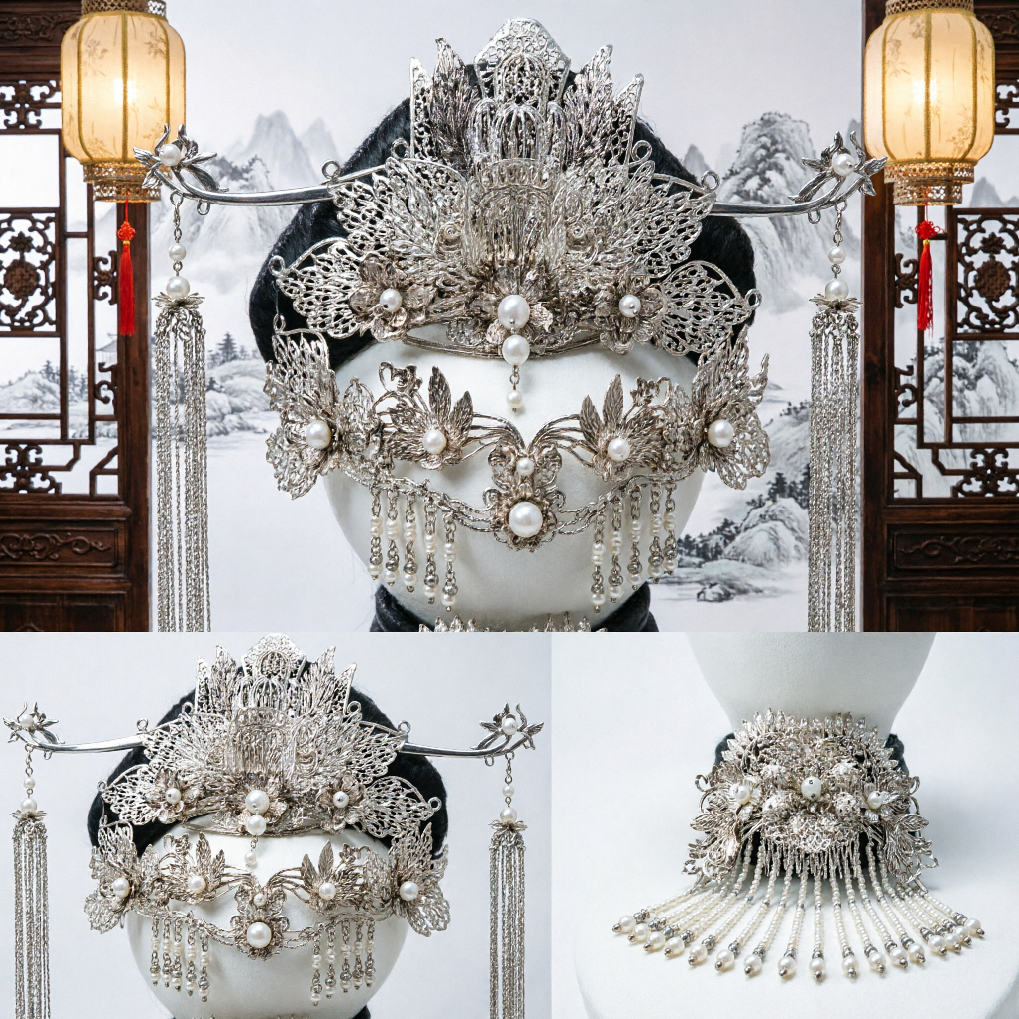 Traditionelles chinesisches Hanfu-Haarschmuckset Silberne Phönix-Krone Set mit Perlen für Hochzeits-Braut-Kopfbedeckung - Asian Costume