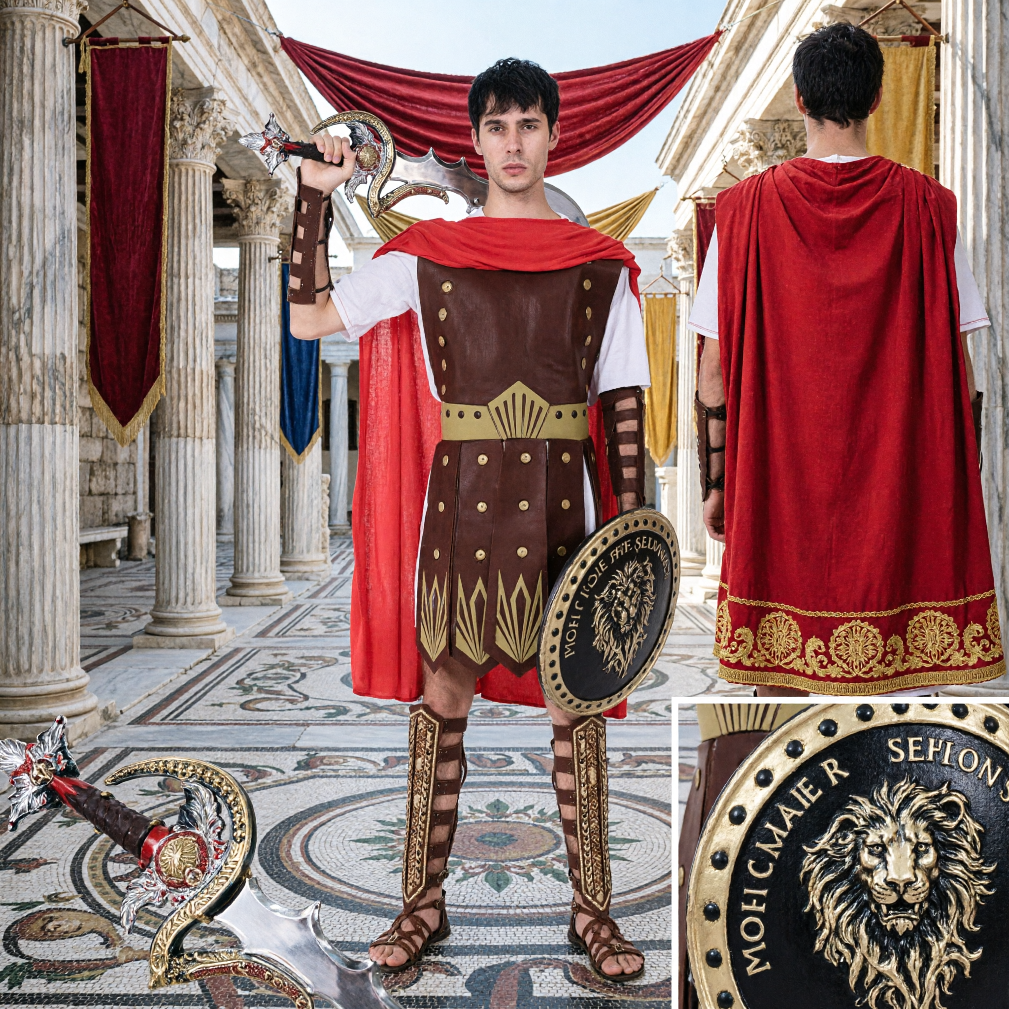 古代ギリシャ金スパルタ鎧衣装セット 成人男性戦士コスプレ衣装 ヘルメット・盾・槍付き - Asian Costume