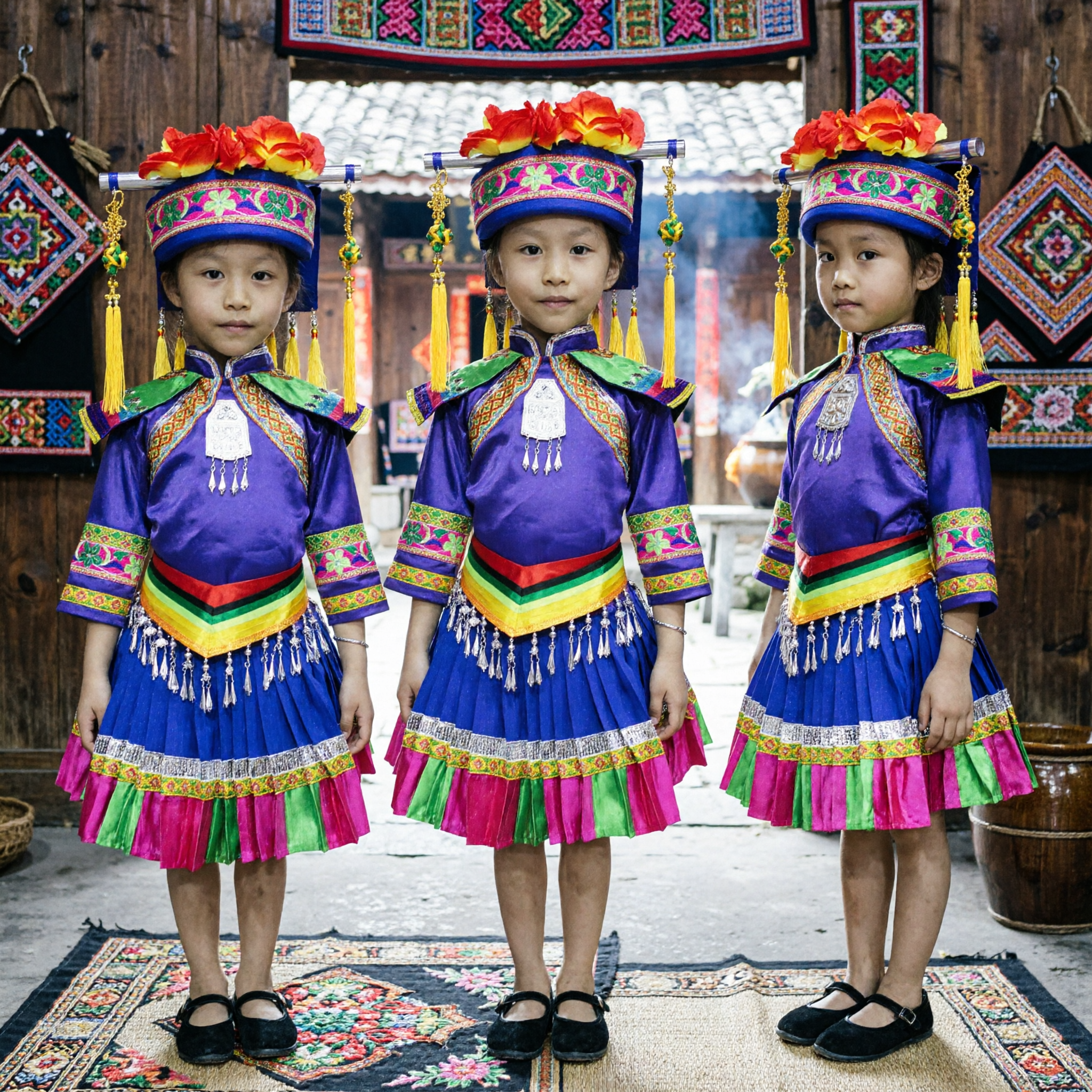 Traje de Danza de Minoría Étnica China para Niñas, Atuendo Tradicional para Presentaciones Escénicas con Sombrero Bordado - Asian Costume