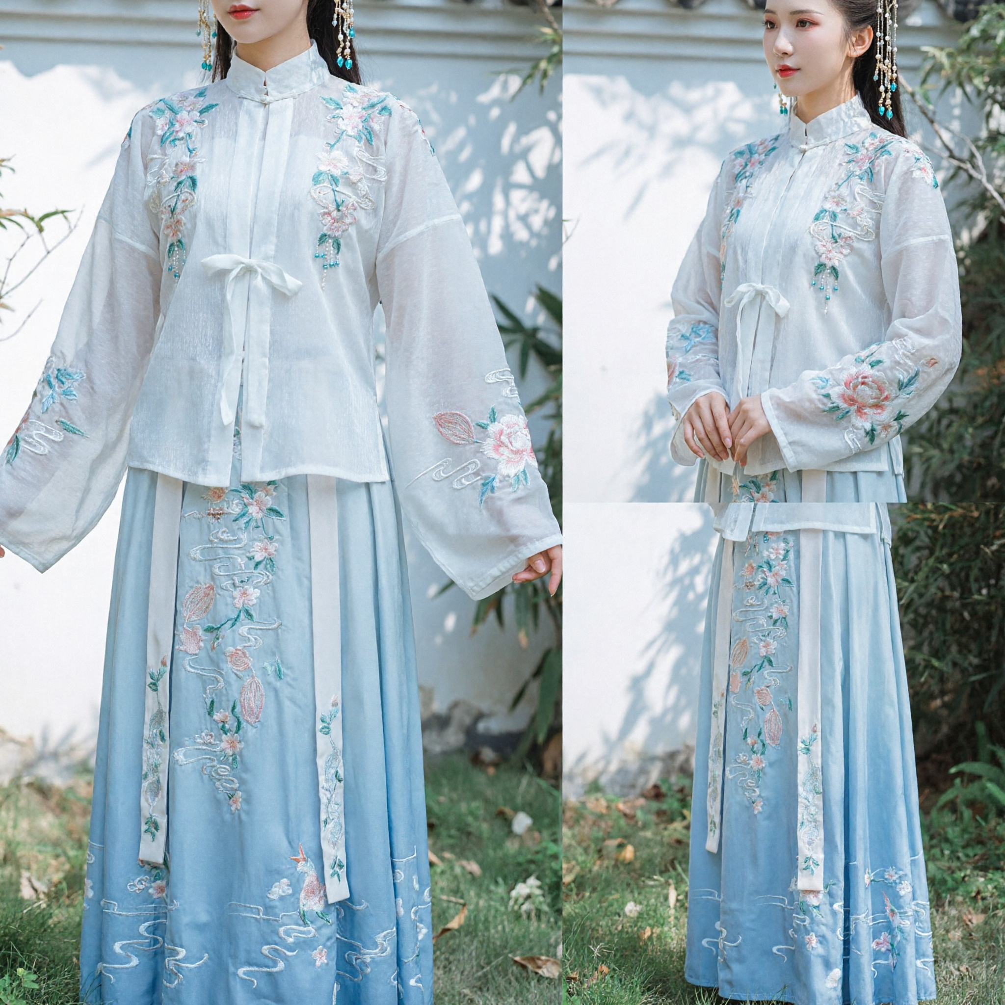 Elegantes blaues Hanfu, traditionelle chinesische Kleidung, besticktes Ming-Dynastie-Stehkragen-Oberteil und langer Rock für Frauen - Asian Costume