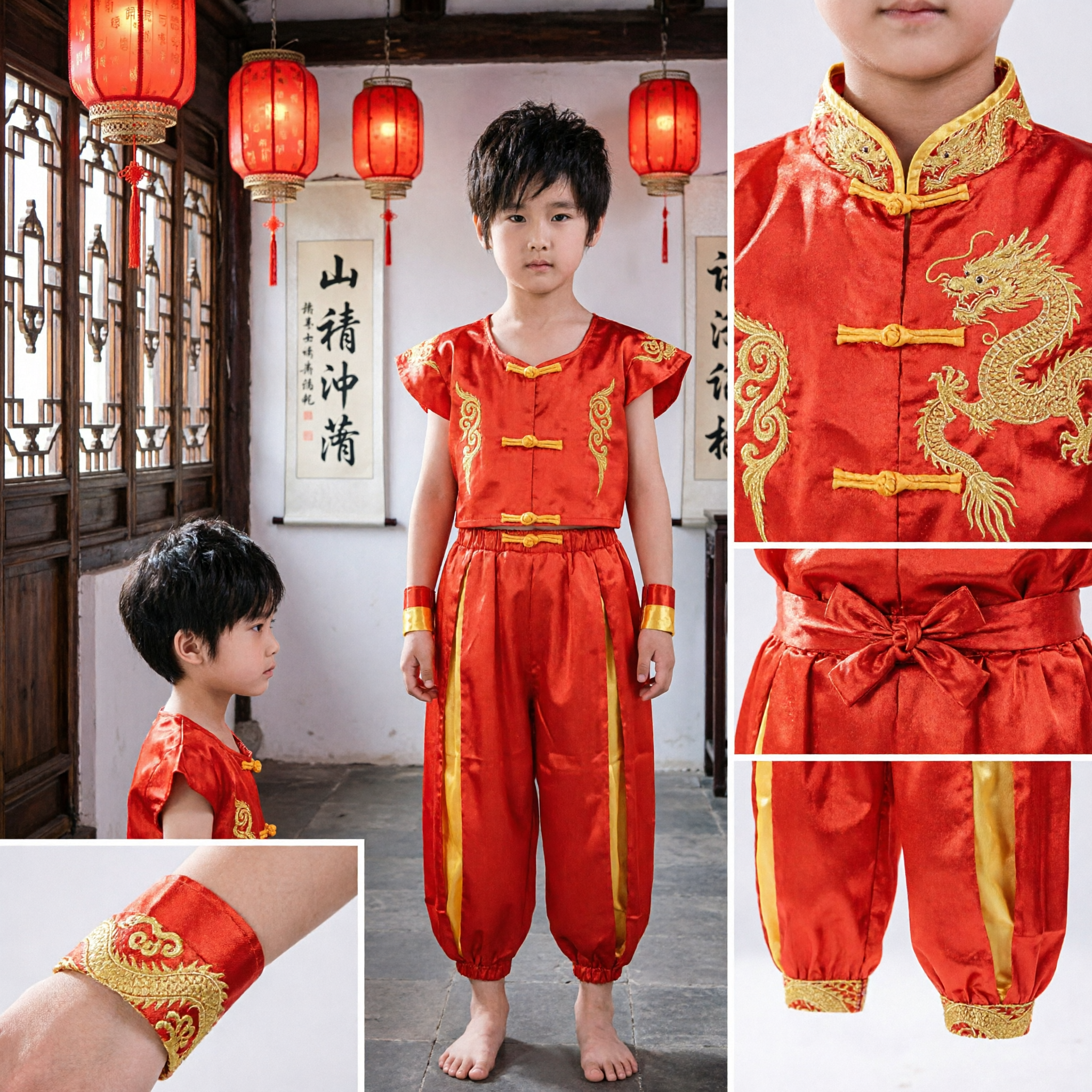 Uniforme Rojo de Kung Fu para Niños, Traje Tradicional de Artes Marciales Chinas para Presentaciones de Wushu y Danza - Asian Costume