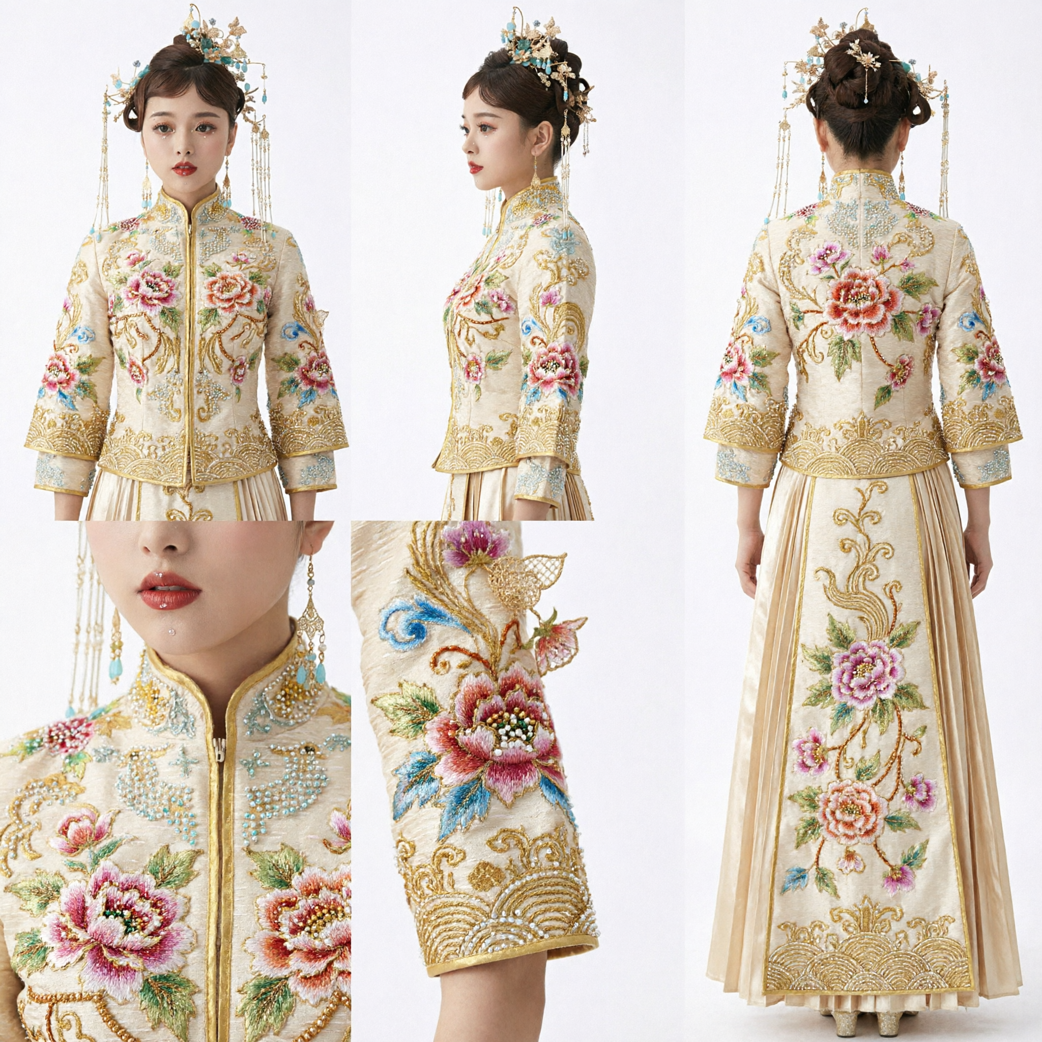 Oud Chinees Blauwe Feniks Kroon Haaraccessoires Set voor Hanfu Bruiloft Bruid Gouden Kwast Hoofdtooi - Asian Costume