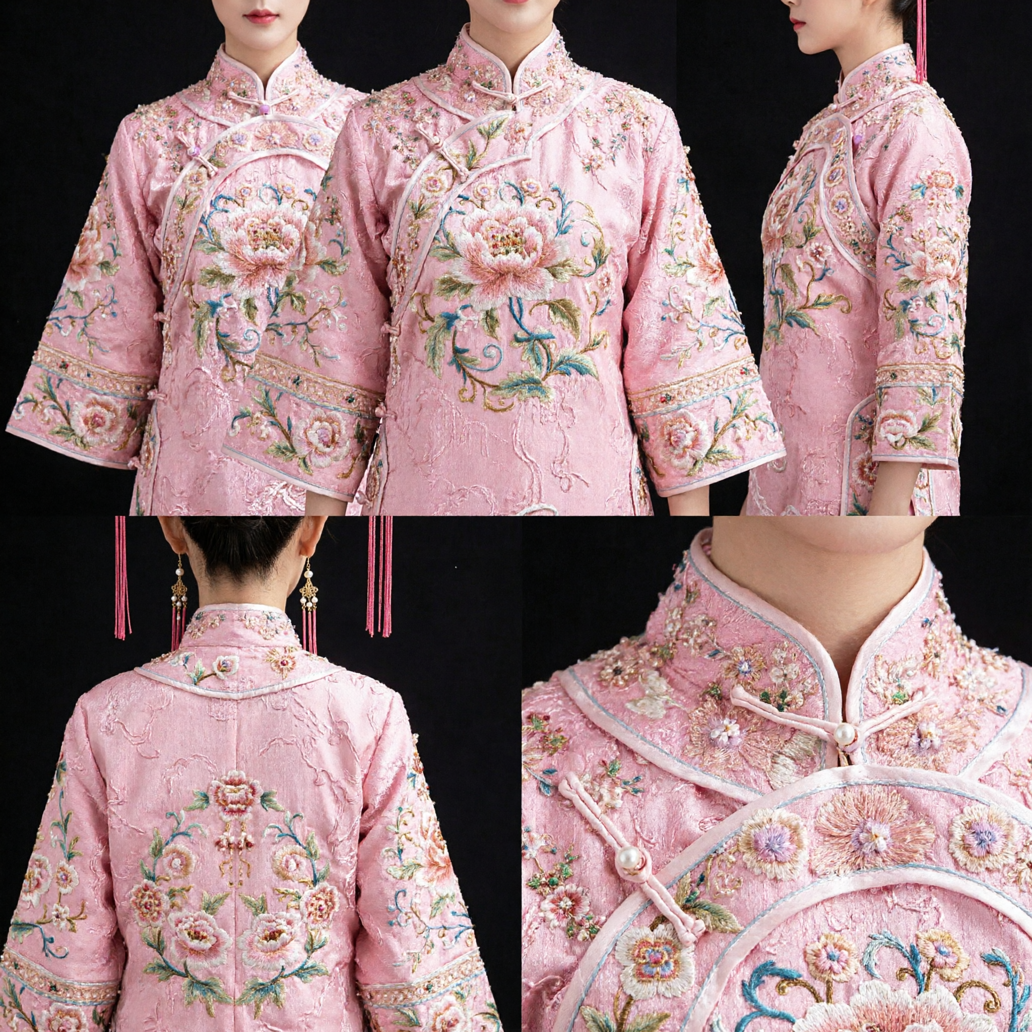 Coroa de Cabelo Hanfu Chinesa Tradicional Exquisita com Borlas Rosas e Ornamentos Florais para Casamentos de Traje Antigo - Asian Costume