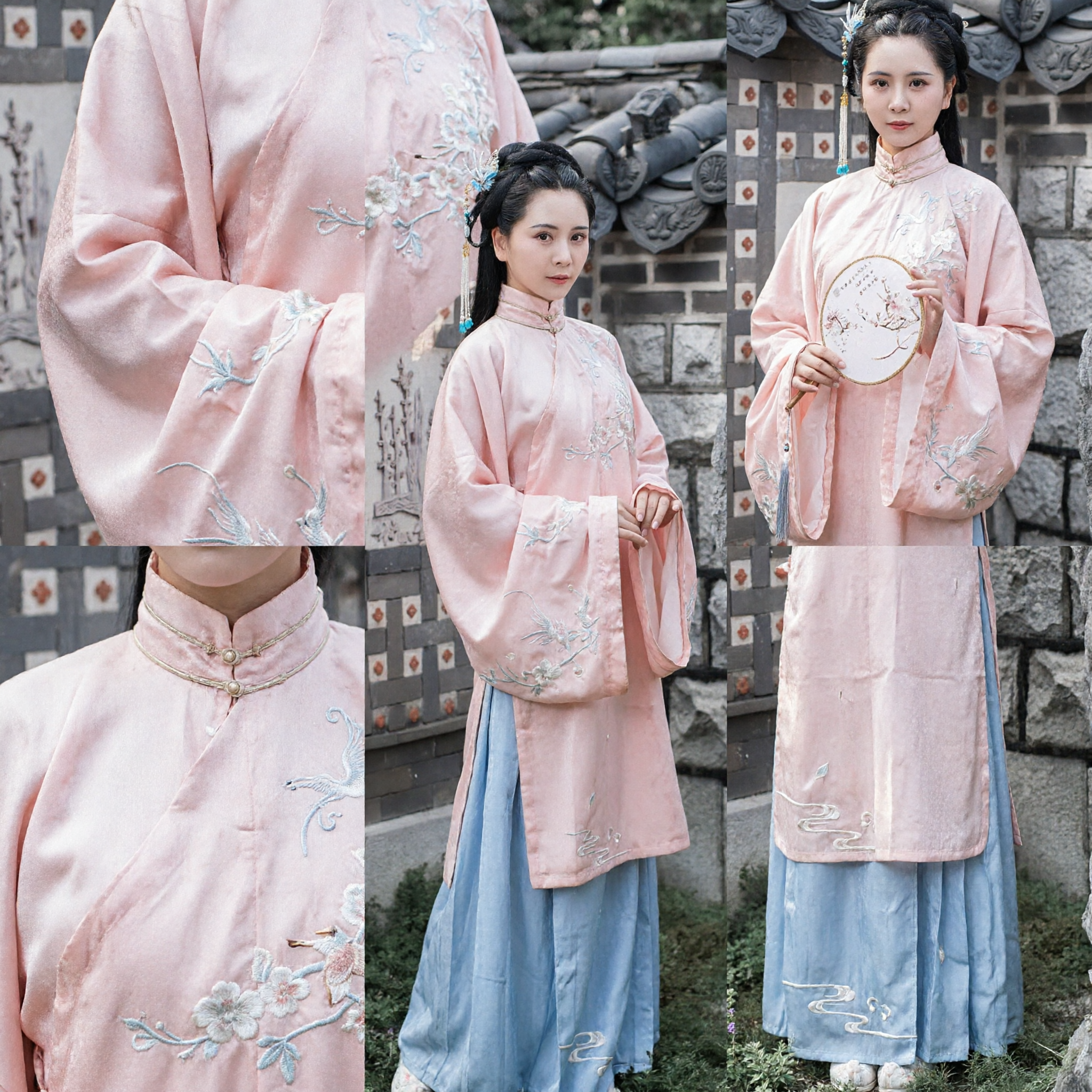 Ensemble Hanfu Traditionnel Chinois Dynastie Ming, Haut Brodé Rose et Jupe Bleue, Costume Ancien pour Femmes - Asian Costume