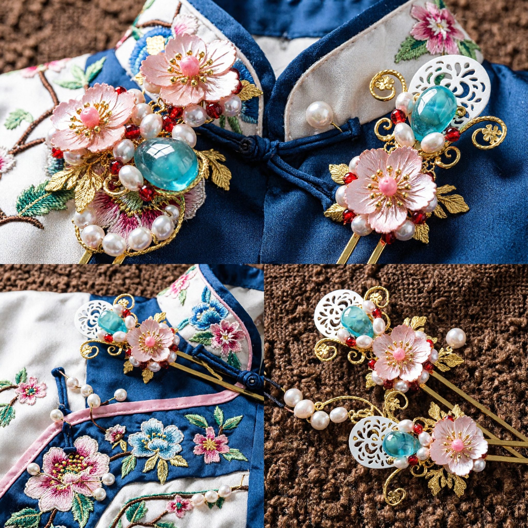 Épingles à Cheveux Traditionnelles Chinoises, Fleurs Roses Perles Jade, Accessoires Hanfu, Bâtons Capillaires Style Ancien pour Mariage - Asian Costume