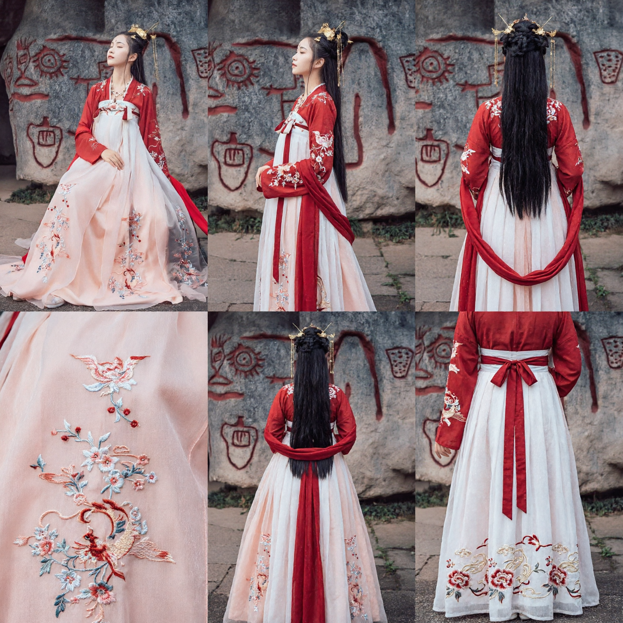 Traje Hanfu da Dinastia Tang Chinês Tradicional, Conjunto com Top Vermelho Bordado e Saia Rosa, Vestido de Fada Antigo para Mulheres - Asian Costume