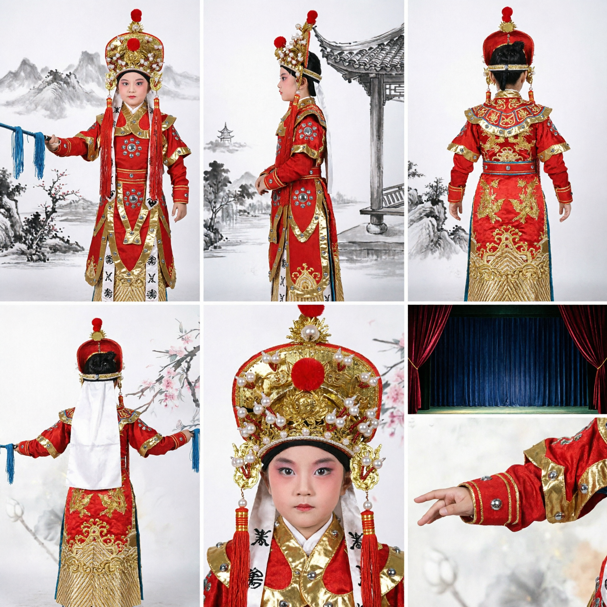 Traje de Ópera de Pekín China Tradicional para Niños, Vestido de Guerrera General Femenina Rojo con Tocado, Actuación Escénica - Asian Costume