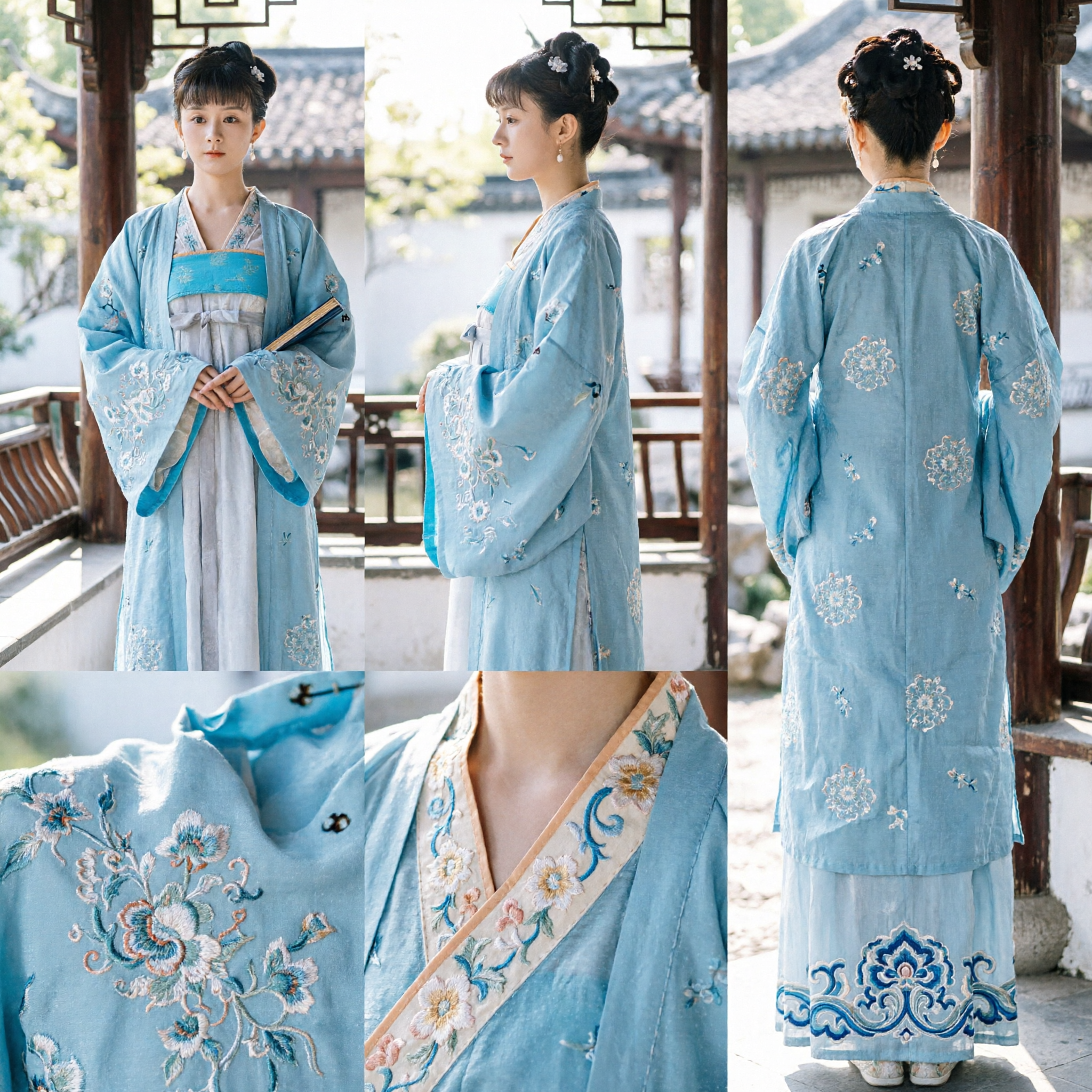 Elegancki niebieski Hanfu z dynastii Song, tradycyjne chińskie ubranie, zestaw haftowanych szat dla kobiet na fotografię i cosplay - Asian Costume