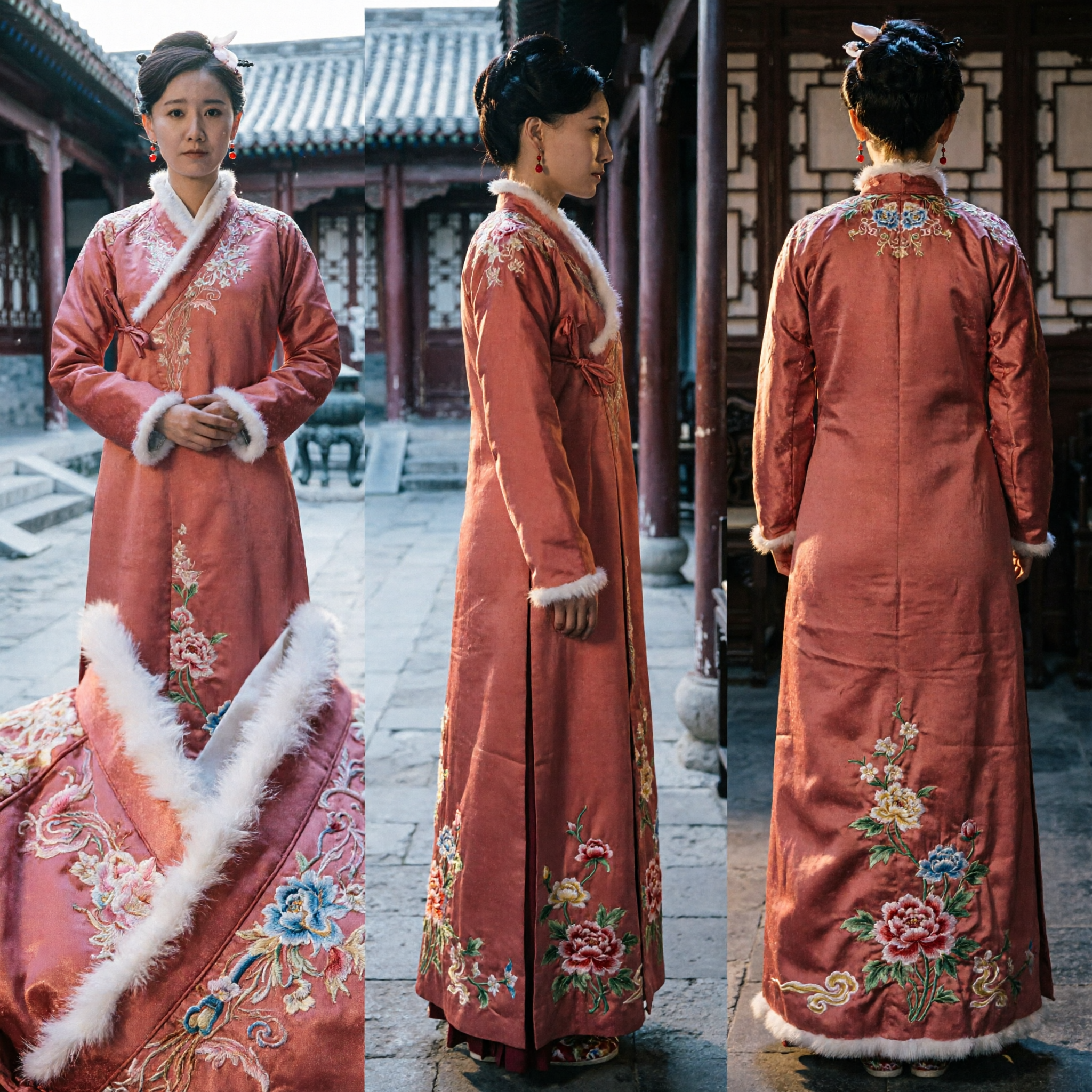 Costume Hanfu de Noble Femme de la Dynastie Song Chinoise Ancienne - Robe d'Hiver Orange à Col en Fourrure Brodé pour Femmes - Cosplay - Asian Costume