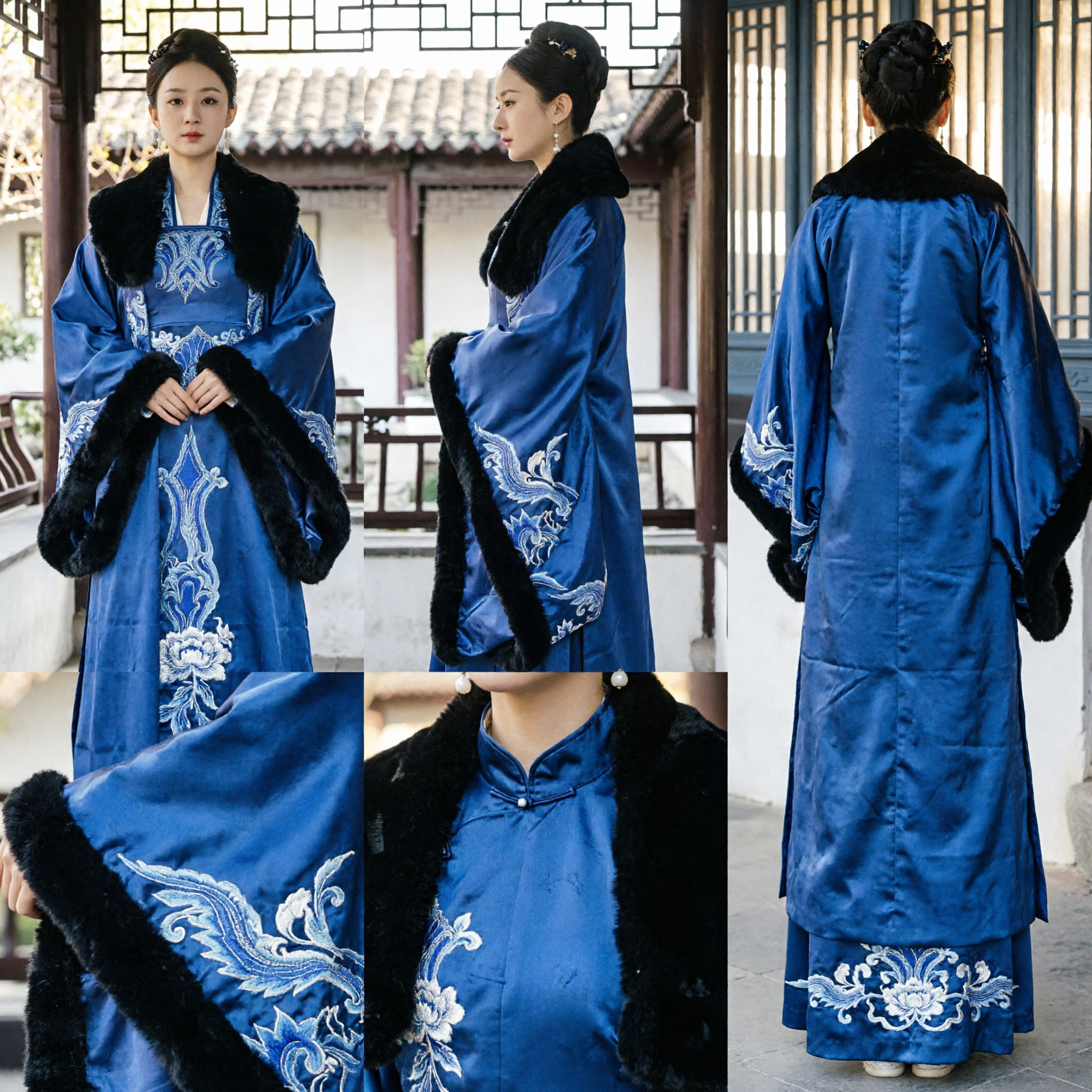 Traditionelles chinesisches Hanfu für den Winter, blauer Pelzumhang, antikes besticktes Kostüm für Adelsdamen für Frauen Cosplay - Asian Costume