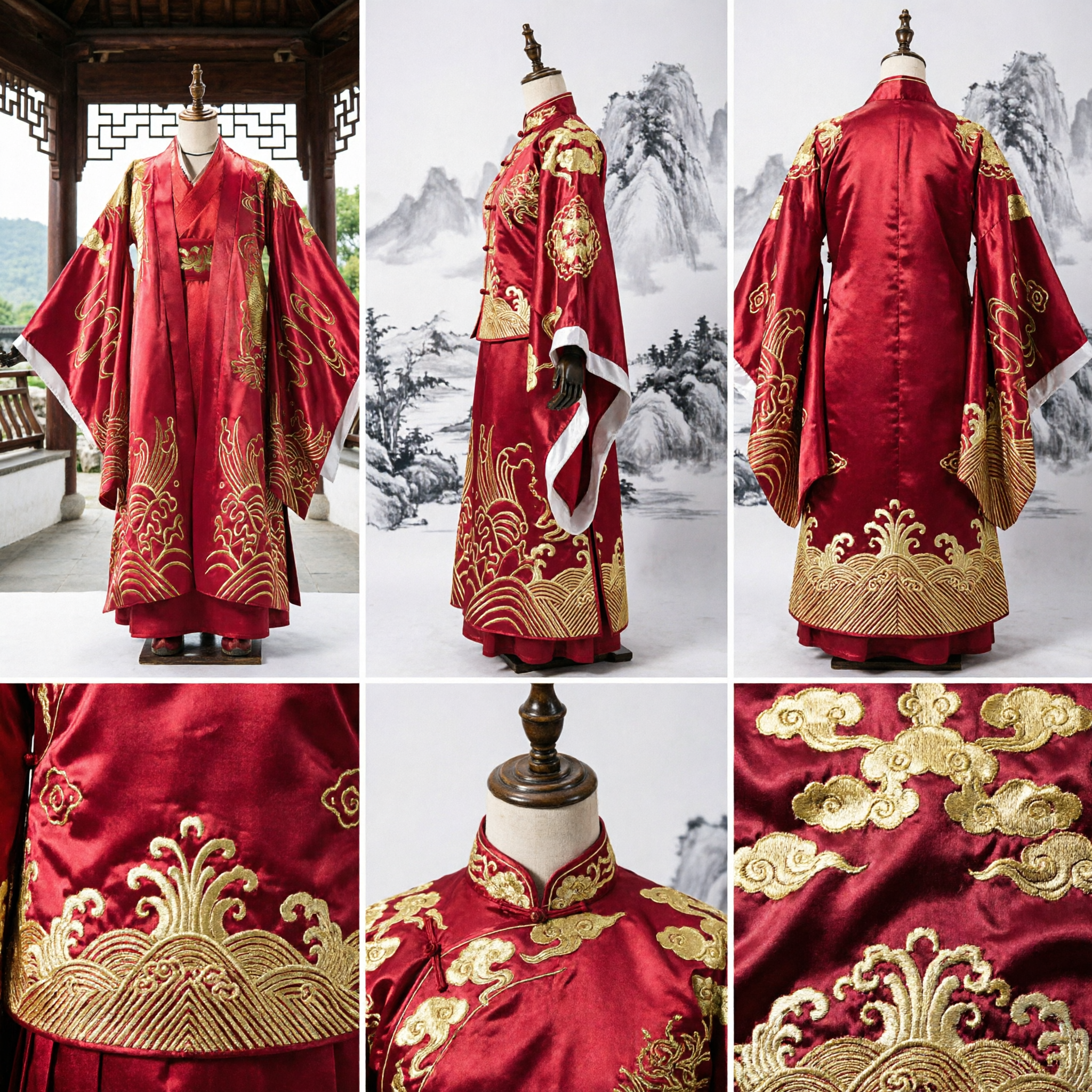 Costume de Mariage Hanfu Chinois Traditionnel Broderie Rouge et Or Tenue Ancienne pour Couple Marié et Mariée - Asian Costume