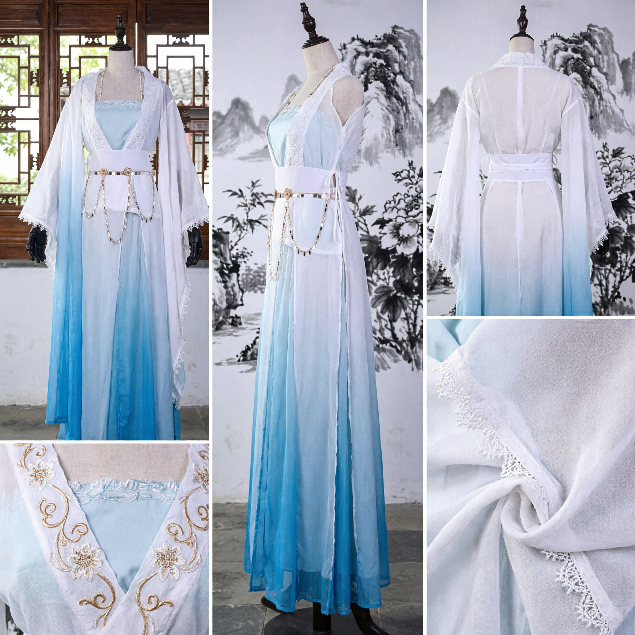 Elegante Vestido Hanfu con Degradado Azul, Traje Antiguo Tradicional Chino de Manga Ancha, Atuendo de Hada para Mujeres - Asian Costume