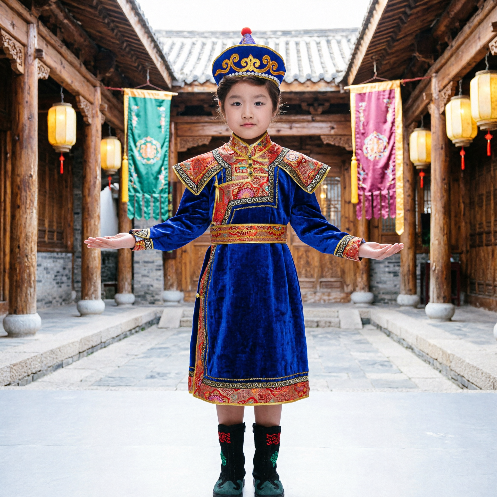 Kinderen Jongens Mongools Traditioneel Etnische Dans Optreden Kostuum Blauw Geborduurd Gewaad en Hoed Set - Asian Costume