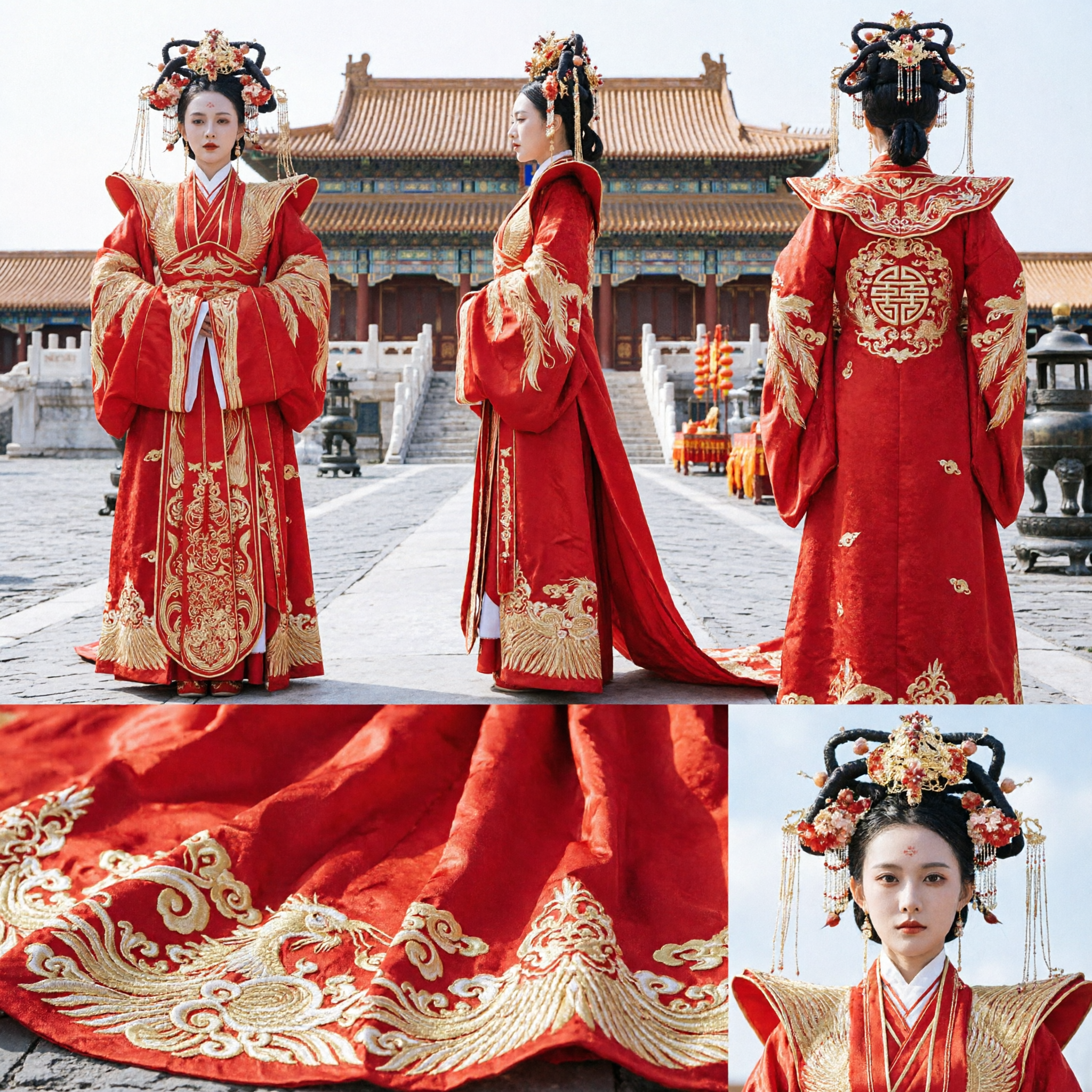 Traje Tradicional Chinês Antigo Hanfu Vermelho, Vestido de Casamento de Imperatriz Antiga com Bordado de Fênix para Mulheres - Asian Costume