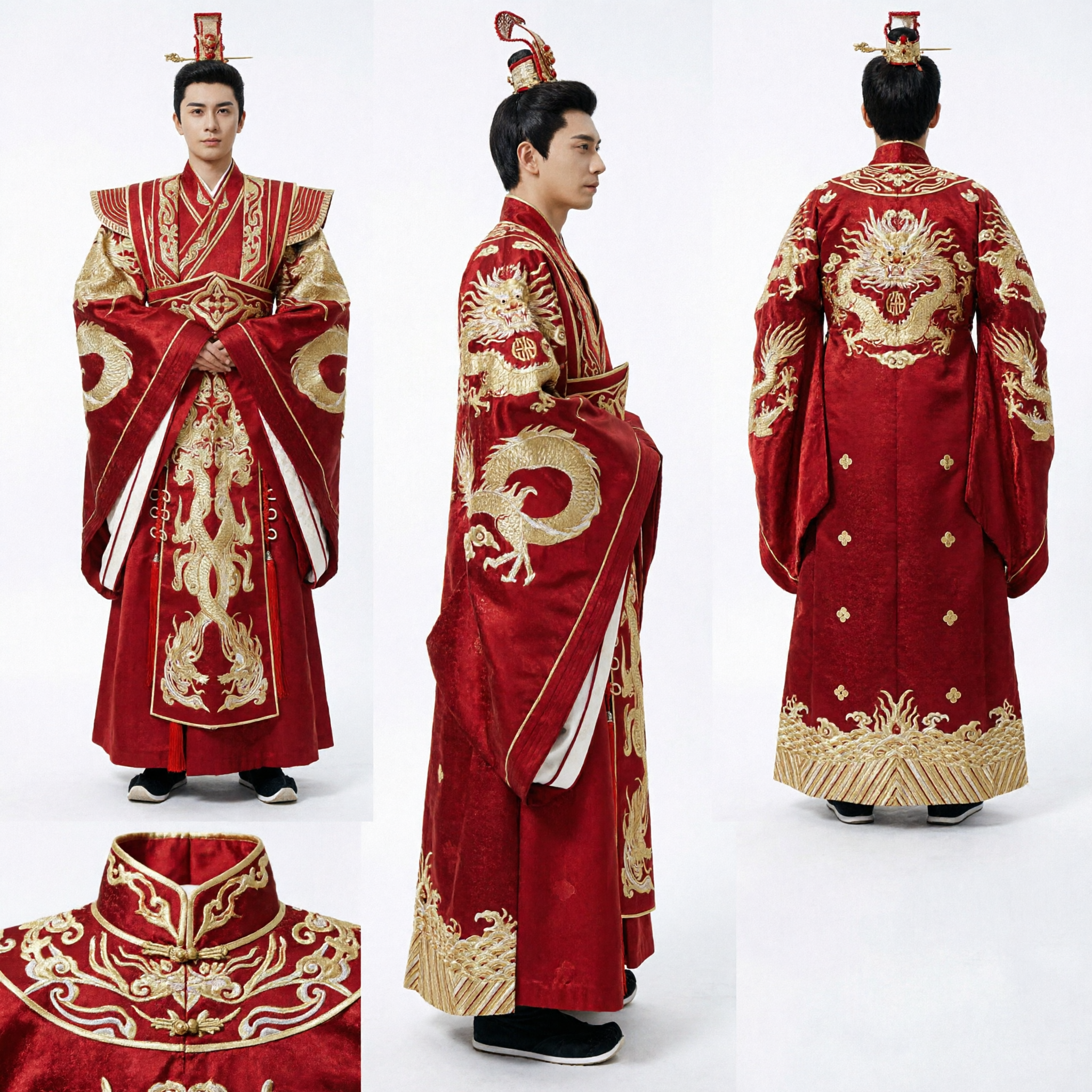 Men's Ancient Chinese Imperial Red Dragon Robe Traditional Hanfu Costume for Wedding and Performance - Asian Costume