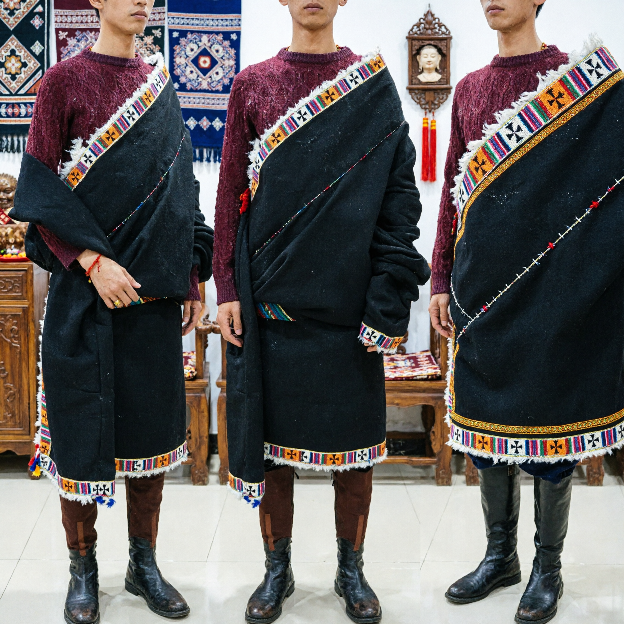 Traje Tibetano Estilo Chuba de Lã Preta com Borda Colorida Bordada para Dança Étnica e Festival - Asian Costume