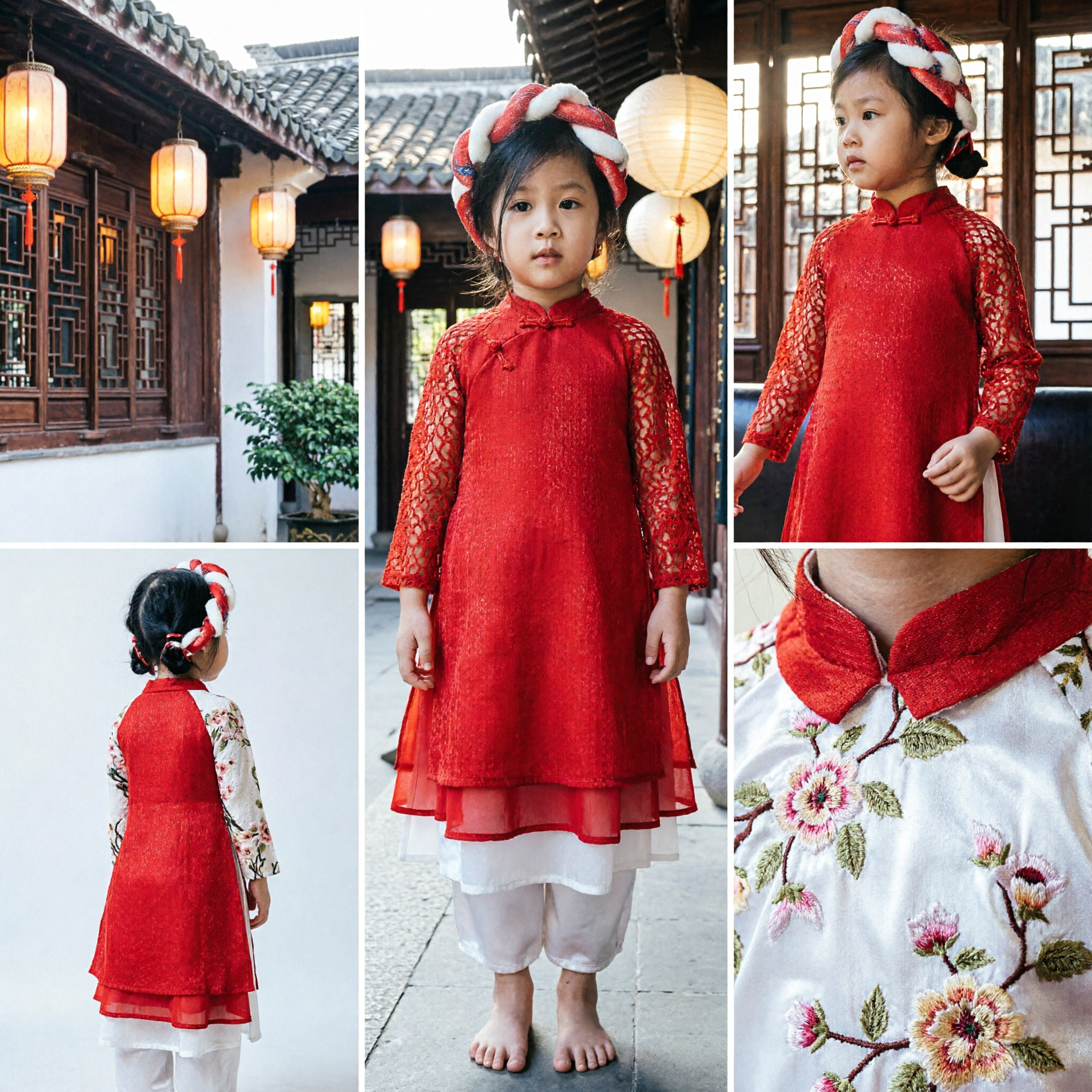 Vestido Tradicional Vietnamita Áo Dài para Niñas Estampado Floral Rojo Traje para el Año Nuevo Lunar Tet - Asian Costume