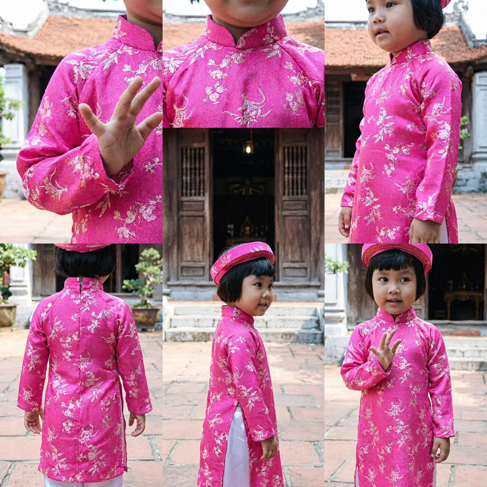 Traditional Vietnamese Ao Dai for Kids Pink Floral Tunic Dress with Khan Dong Headdress for Festivals - Asian Costume