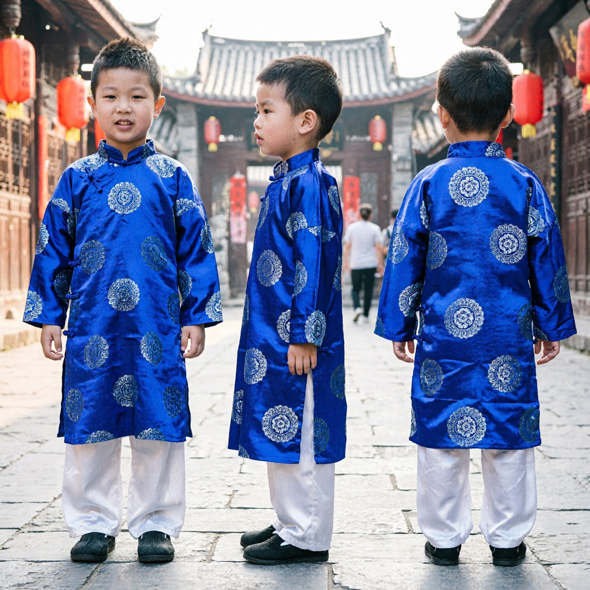 Conjunto de Túnica Áo Dài Vietnamita Tradicional para Niños Azul para Niño y Rojo para Niña Traje para el Año Nuevo Lunar Tet - Asian Costume