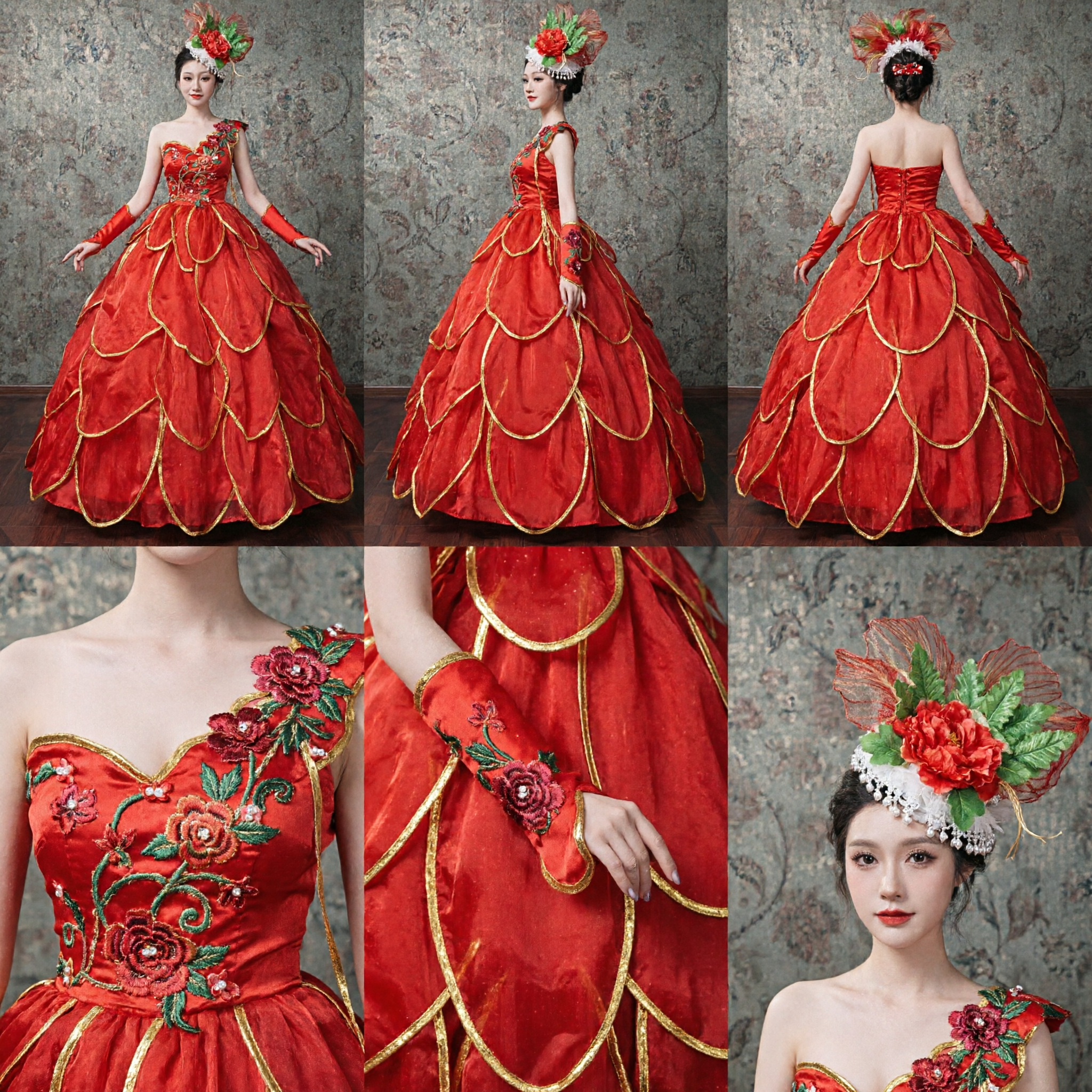 Traje de Danza de Flores Rojo Chino Tradicional Vestido para Actuación Escénica Femenina Arte Folclórico - Asian Costume