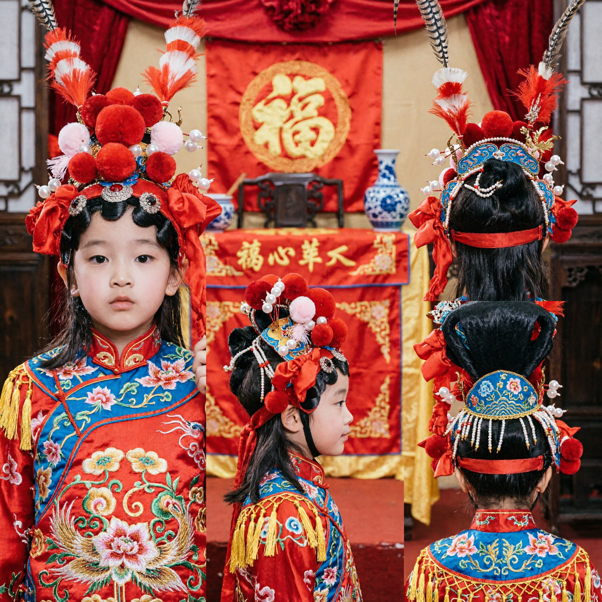 Traditionelle chinesische Peking-Oper General-Kopfbedeckung Rote Pompons Fasanenfedern Haaraccessoires für Kinder Mädchen - Asian Costume