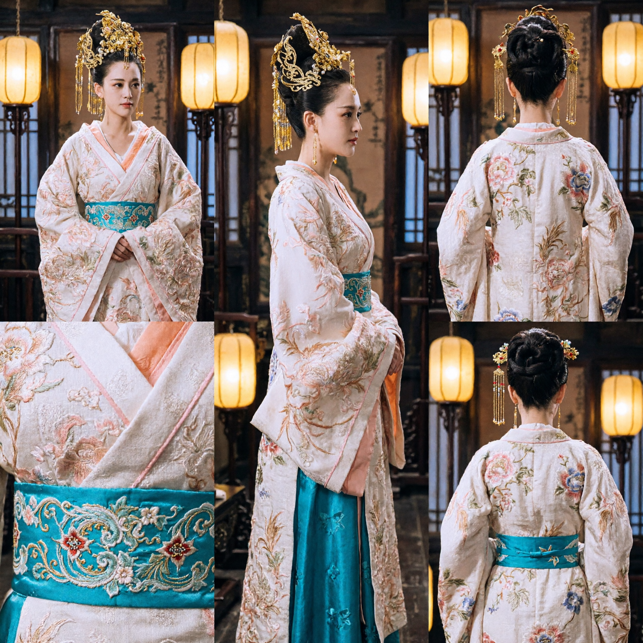 زي السيدة القصرية الصينية القديمة التقليدي فستان هانفو أبيض زهري مع غطاء رأس ذهبي للنساء تنكر - Asian Costume