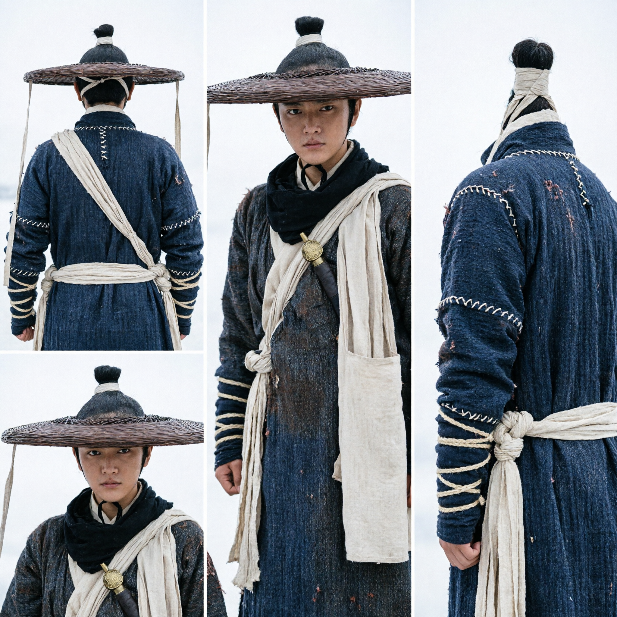 Ensemble chapeau de bambou d'épéiste et robe Hanfu sombre ancien chinois pour cosplay Wuxia et théâtre - Asian Costume