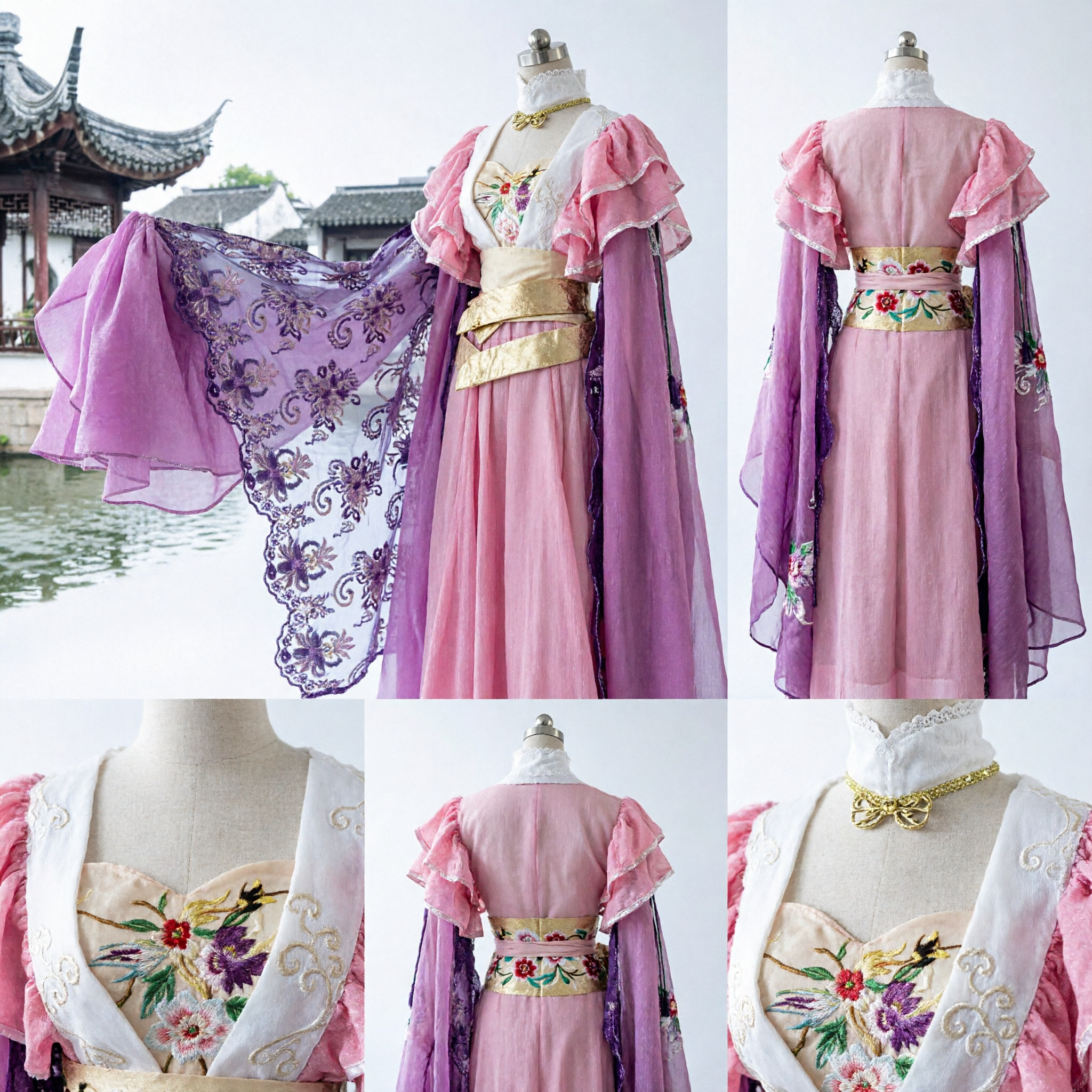 Costume Hanfu de fée rose ancien chinois, robe de princesse traditionnelle avec robe transparente violette pour cosplay femme - Asian Costume